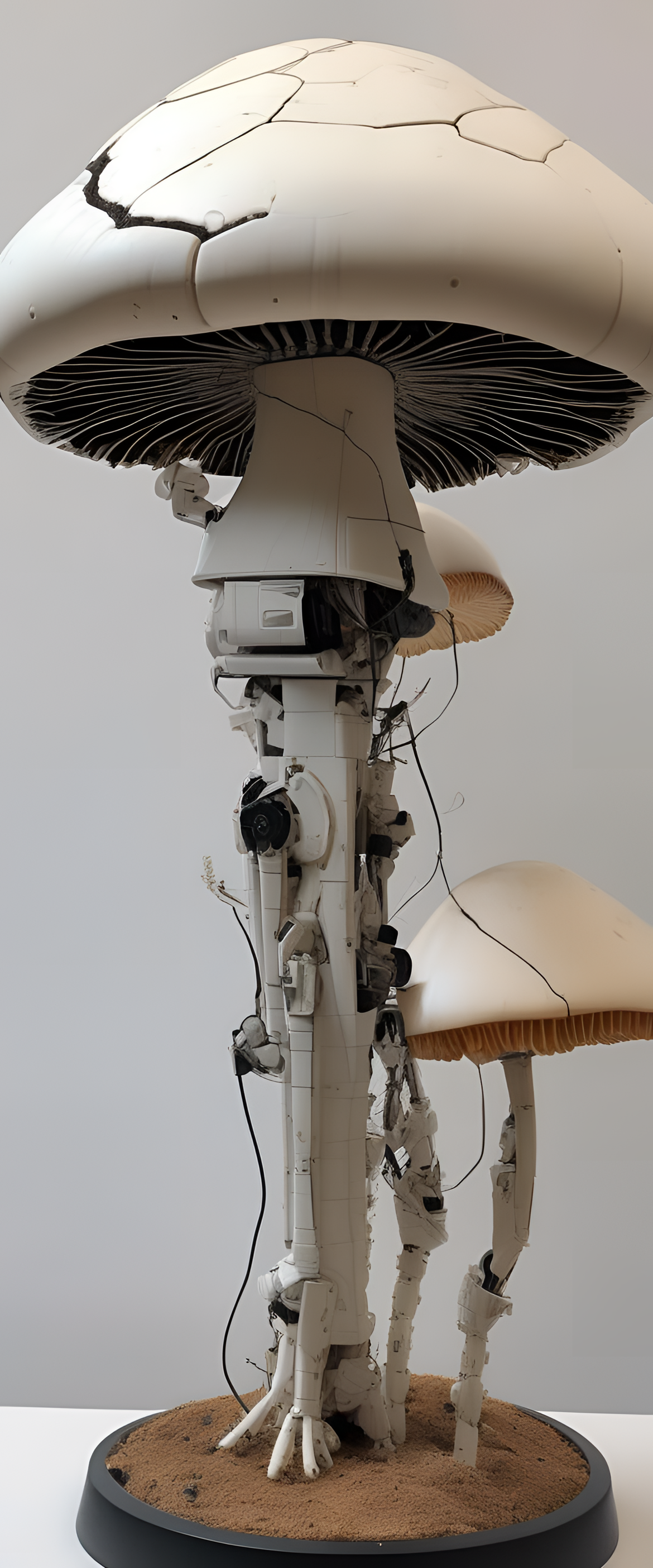 Abstract mushroom sculpture with a cracked robotic design