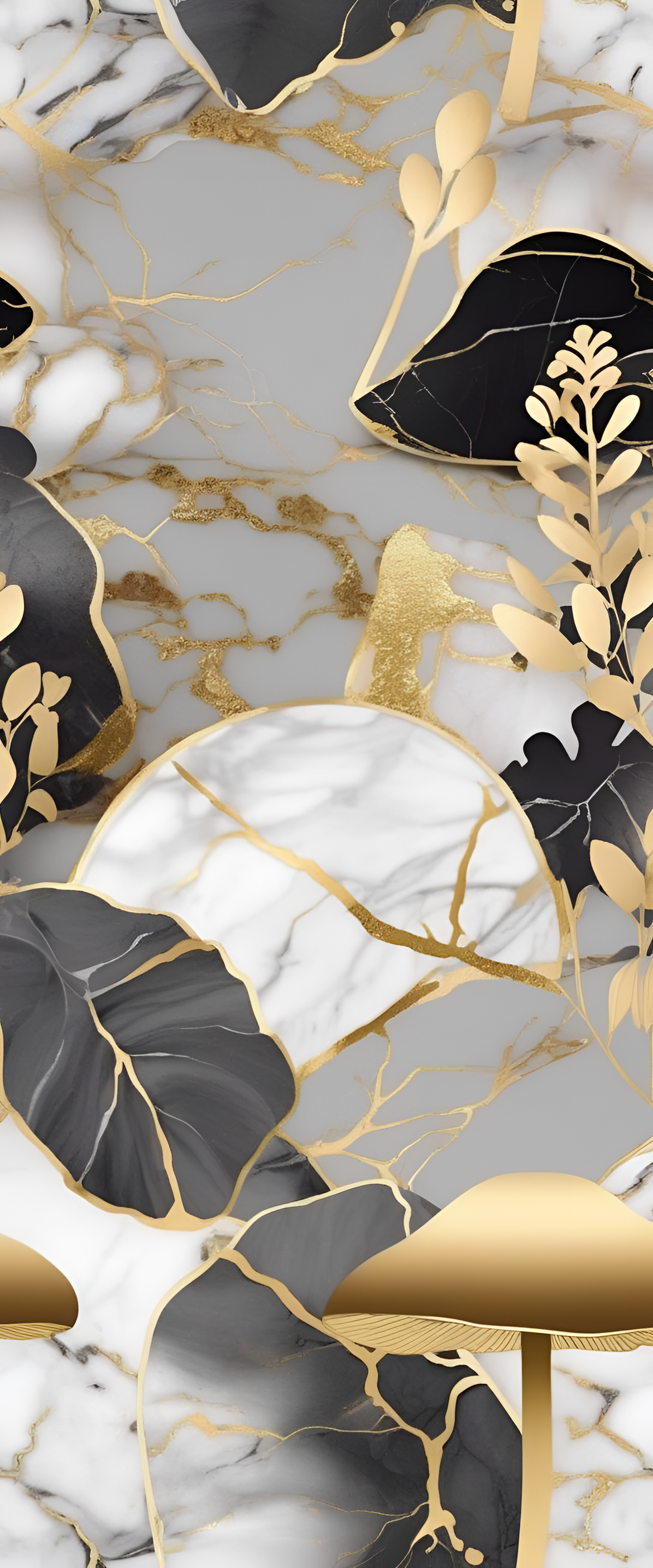 Majestic mushroom-shaped pattern in marble and gold colors.