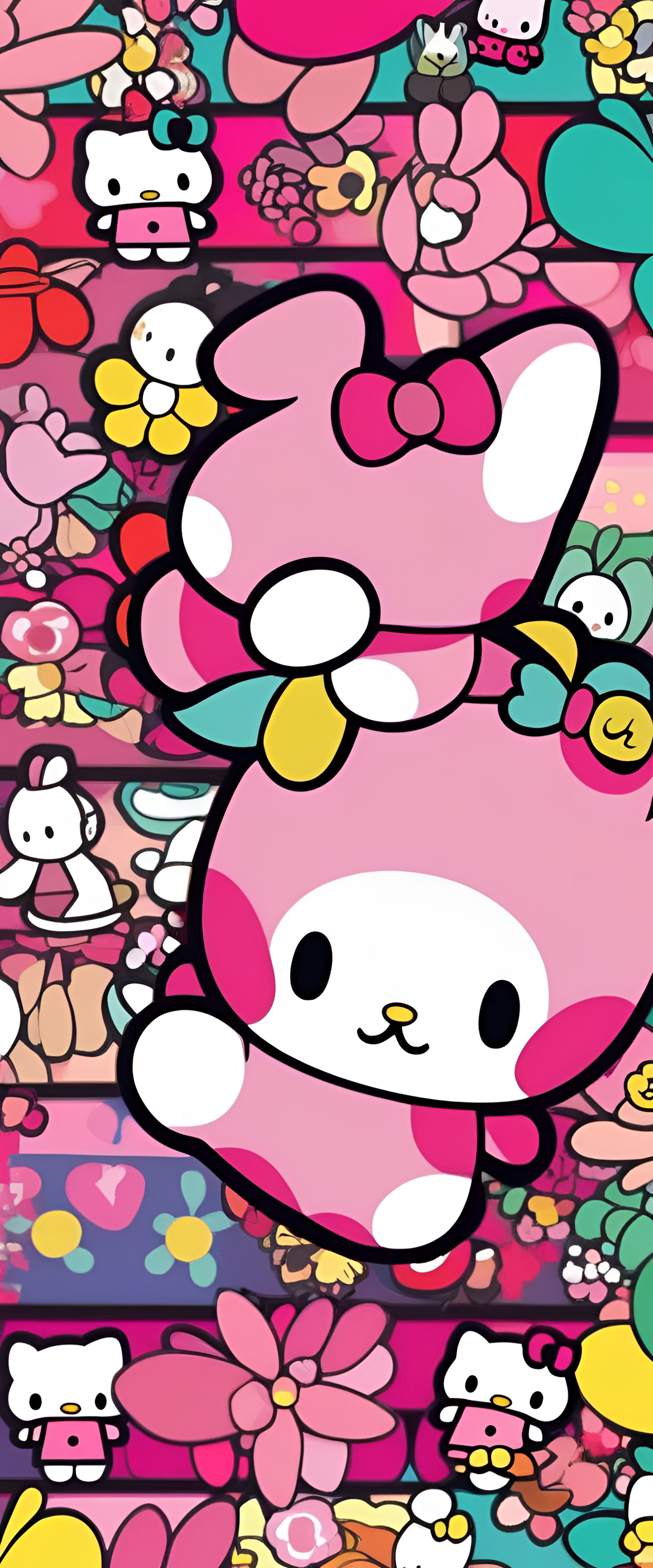 Colorful My Melody wallpaper design with vibrant clash of shades.