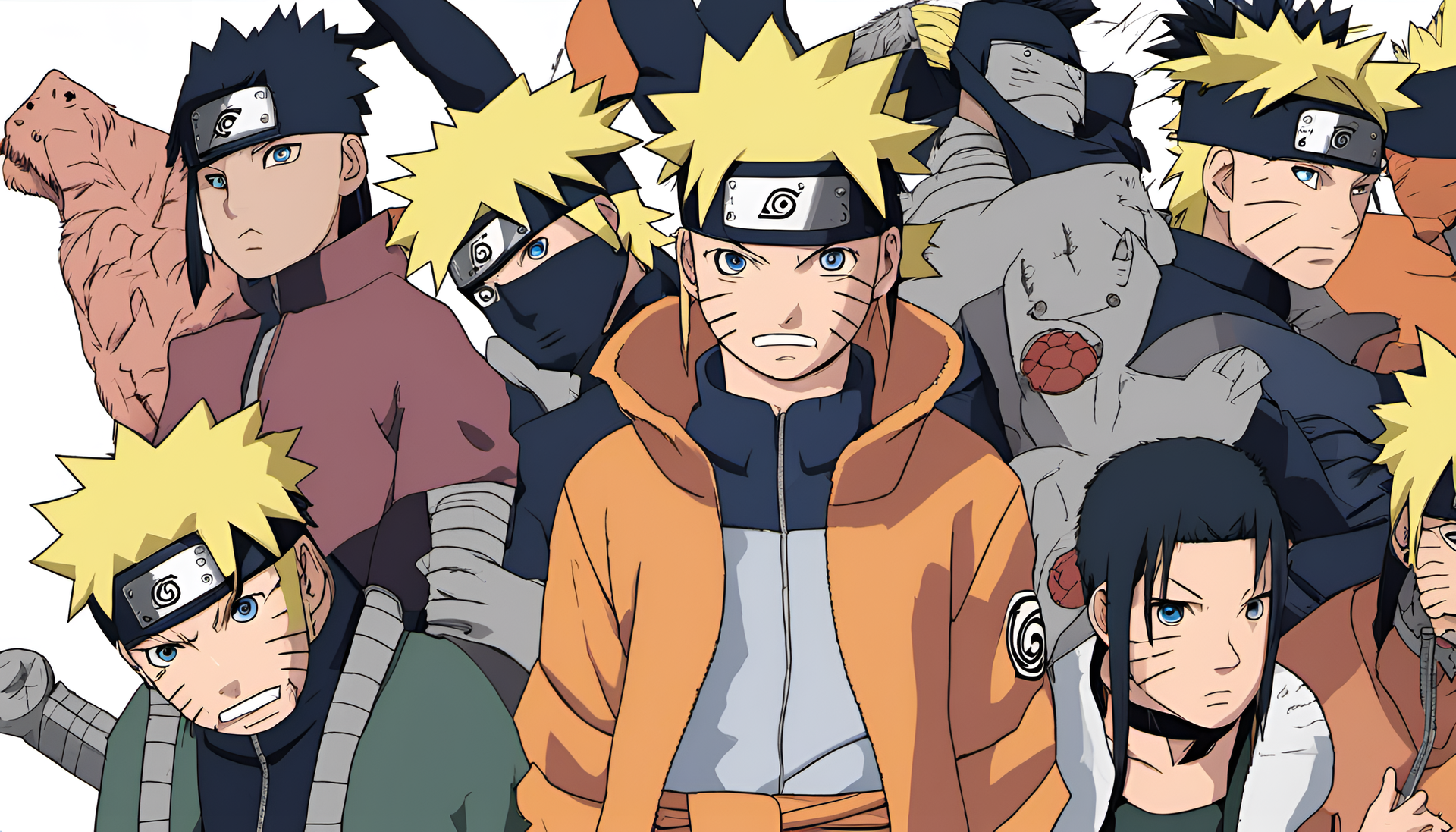 Naruto character in profile view with spiky blond hair, wearing an orange jumpsuit, and a headband with a symbol on it.