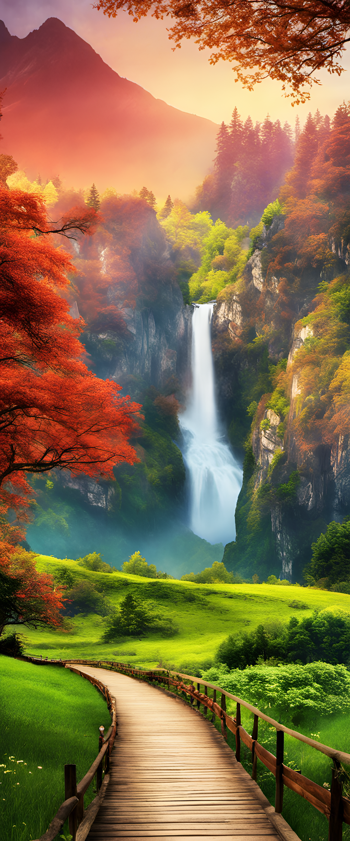 Vibrant nature wallpaper featuring serene landscape with colorful foliage and peaceful streams.