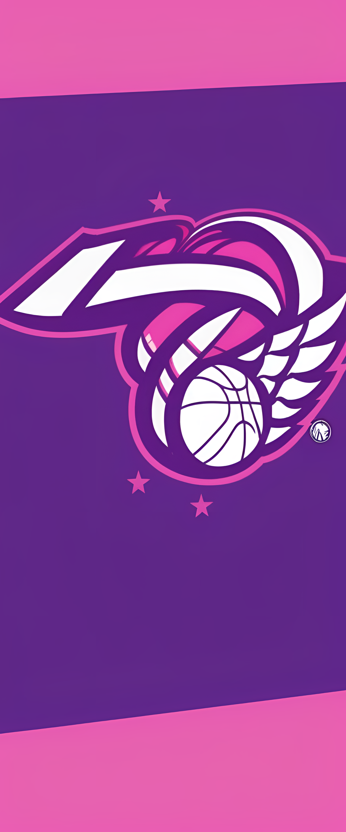 Pink and purple NBA wallpaper featuring basketball court, players, and team logos.