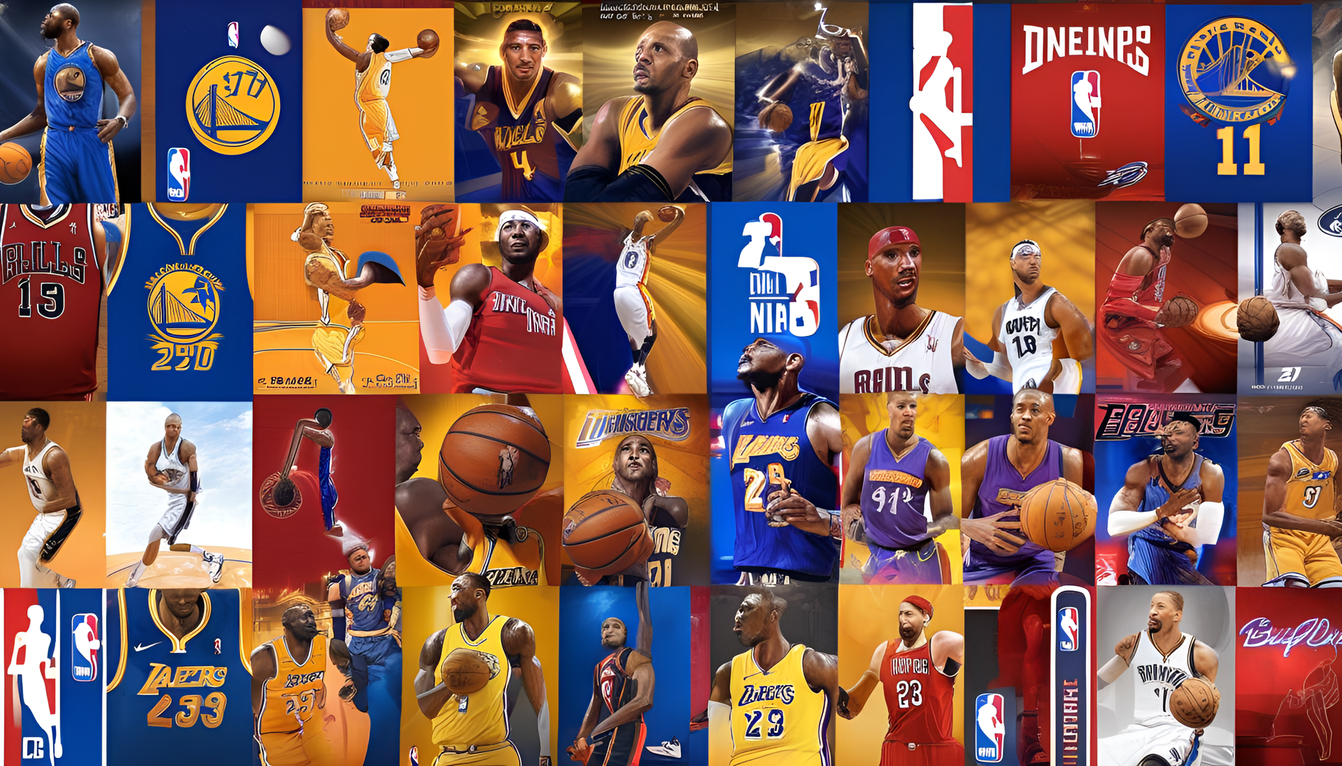 Colorful NBA player icons on a dark background.