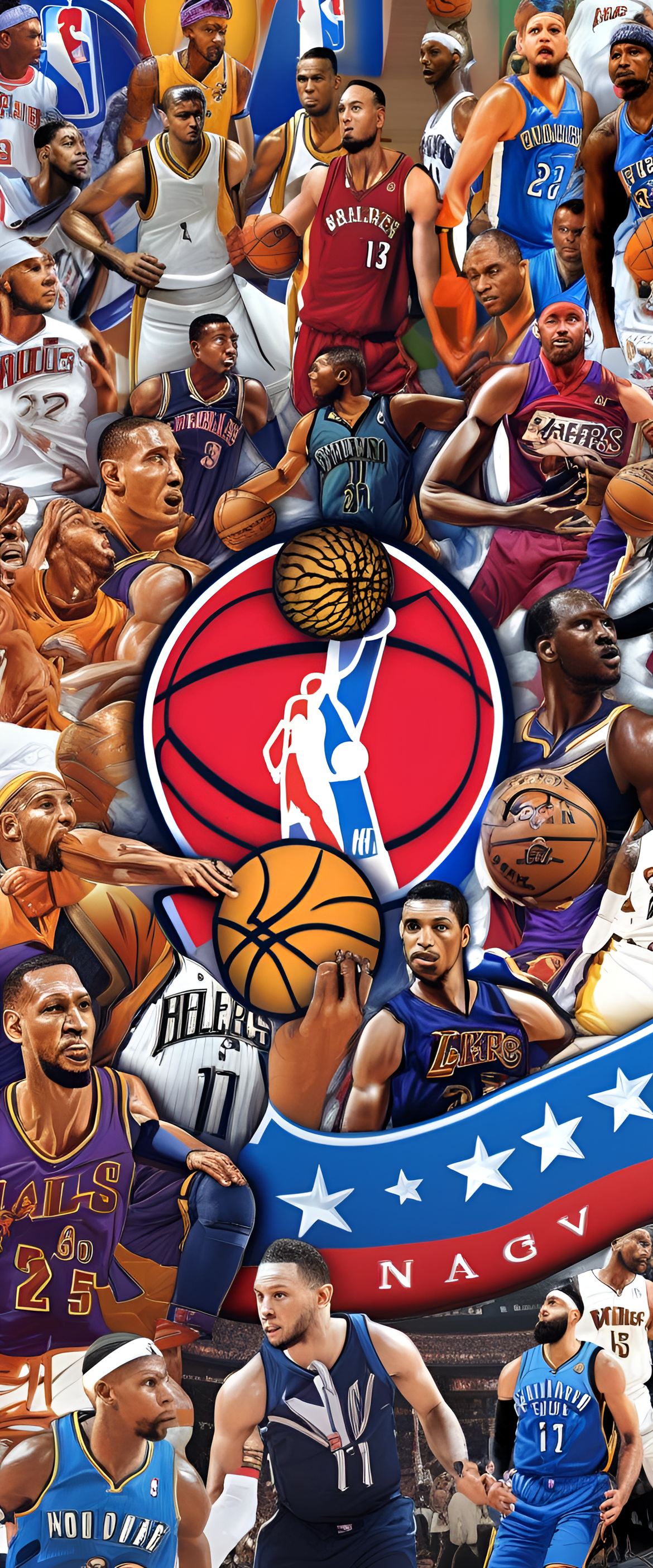 NBA-themed phone wallpaper featuring basketball players in action.