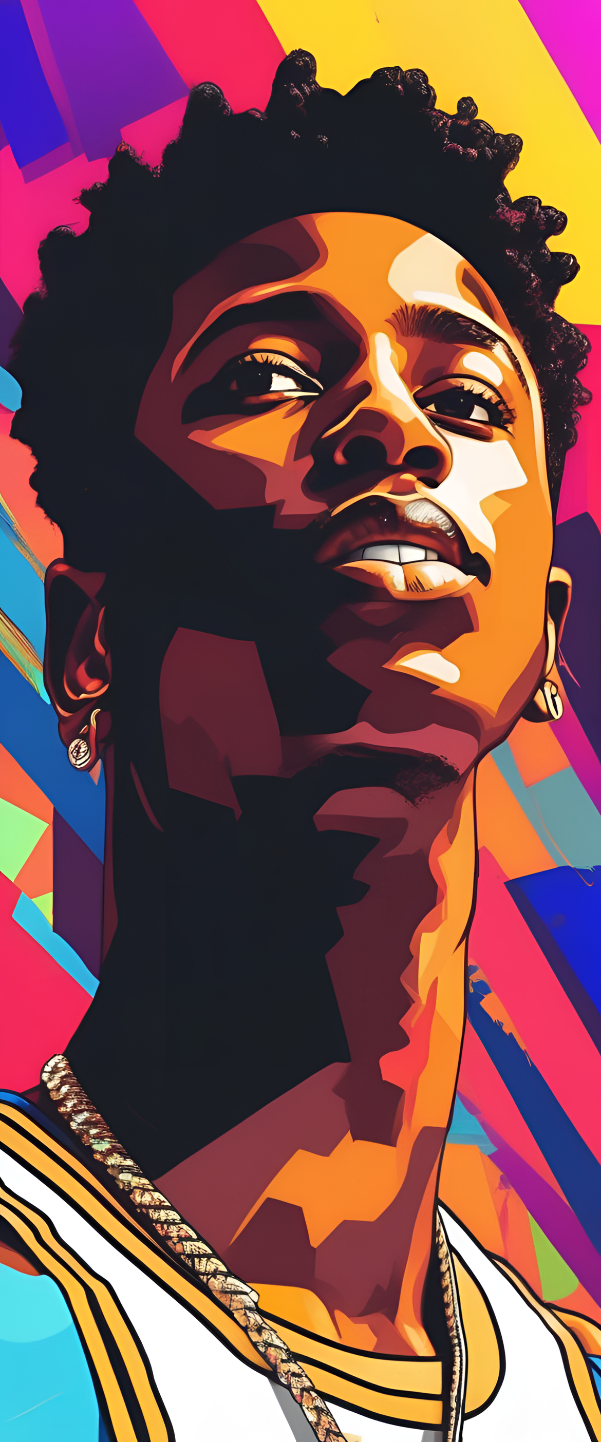 Vibrant pop art portrait of NBA YoungBoy, featuring bold colors and expressive strokes.