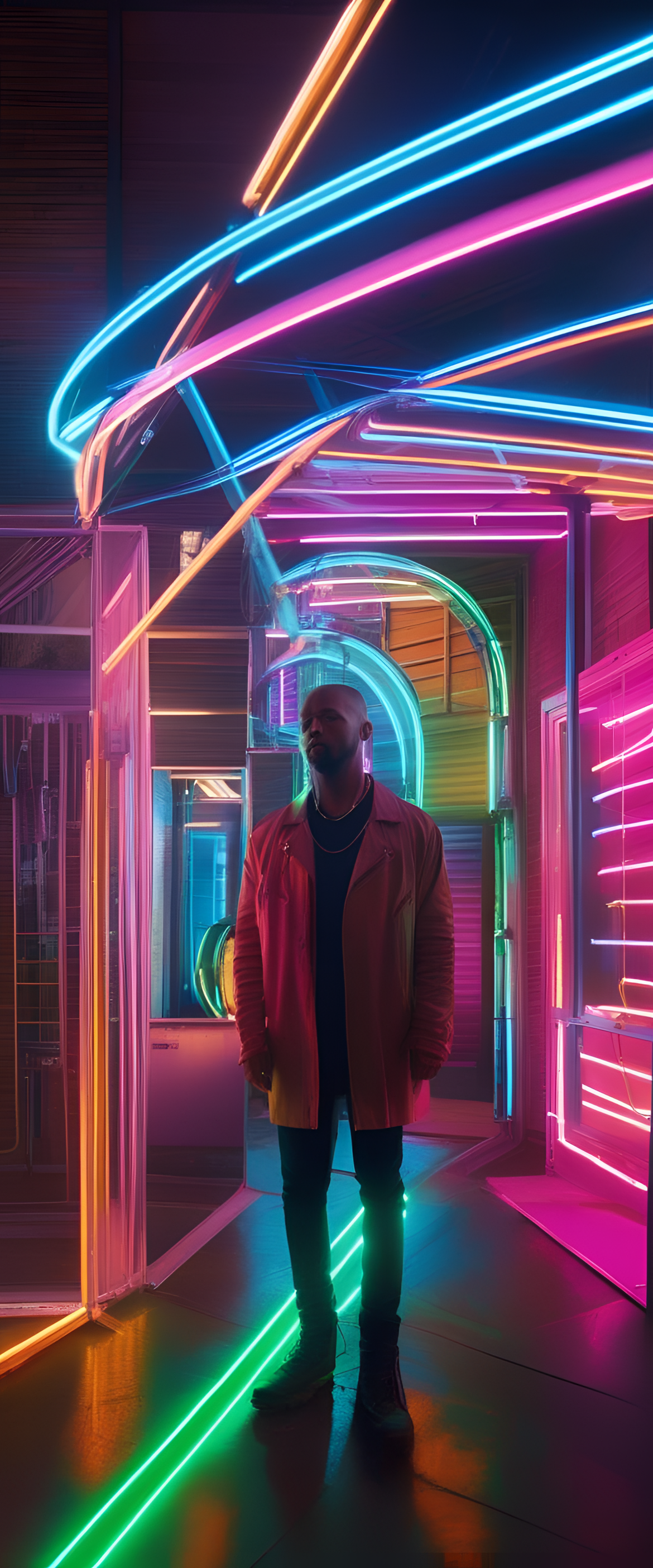 Vibrant, glowing neon lights on a phone-sized wallpaper.