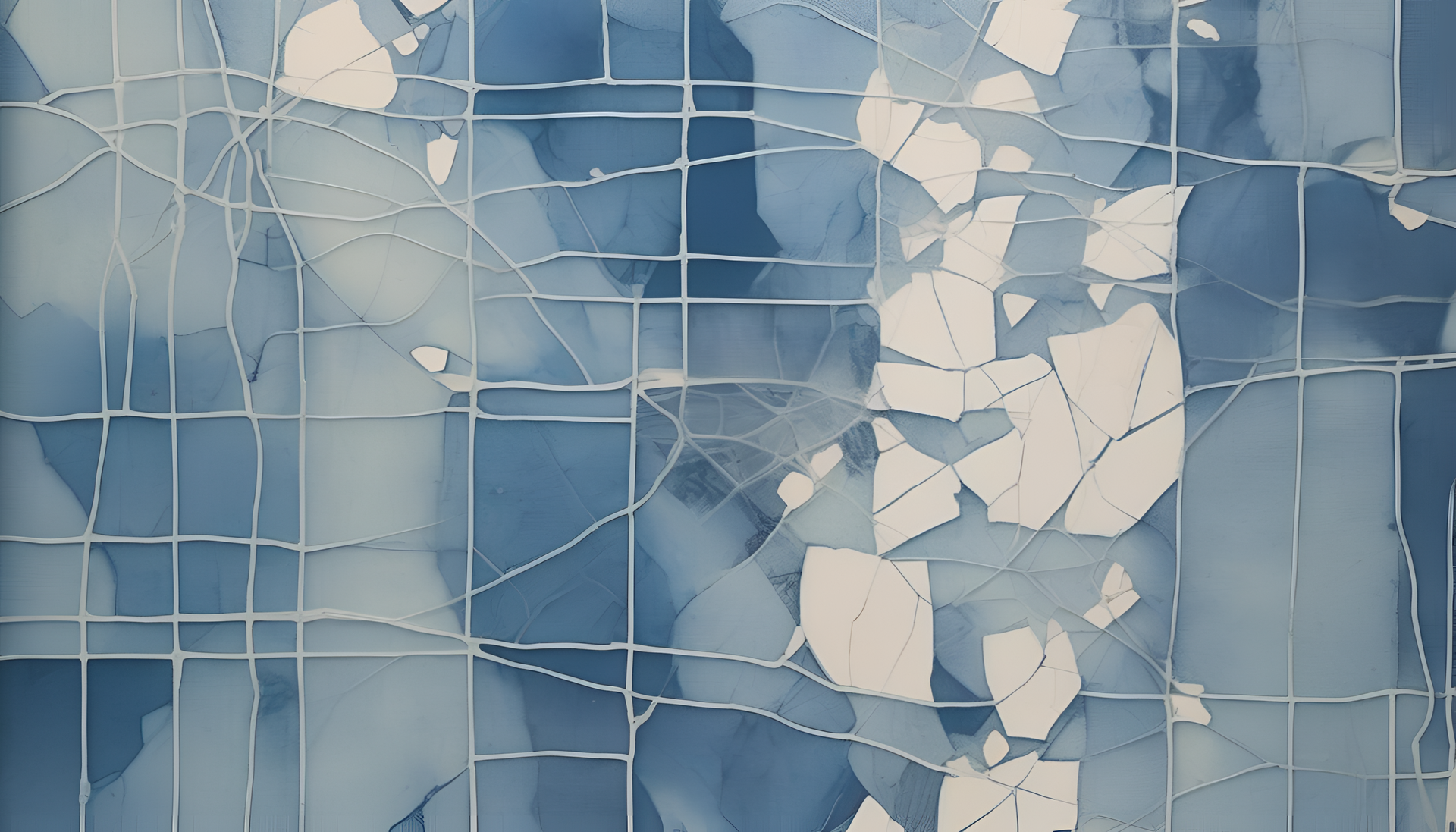 Cracked robotic sculpture in pastel cyanotype print aesthetic.