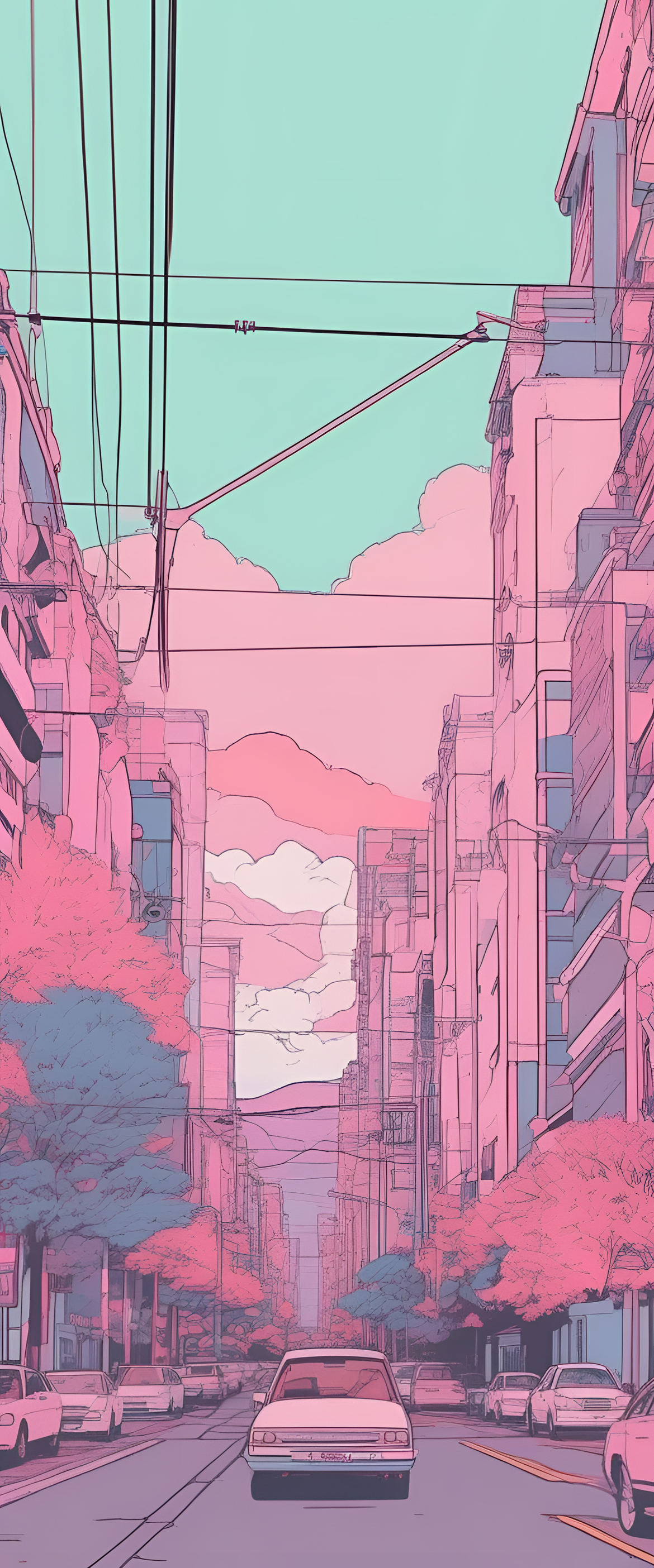 Pastel aesthetic phone wallpaper in rotoscope animation style.