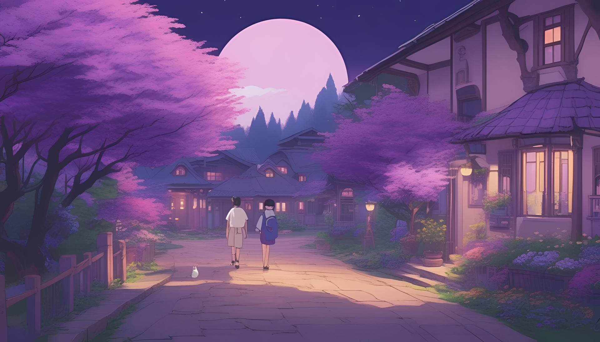 Vibrant purple landscape inspired by Studio Ghibli