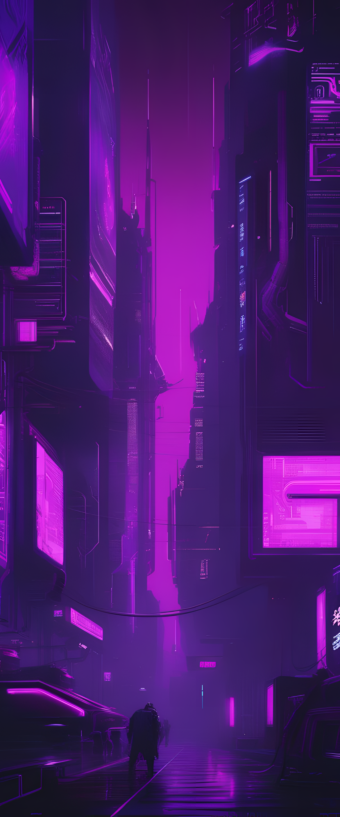 Purple cyberpunk background with vibrant neon lights.