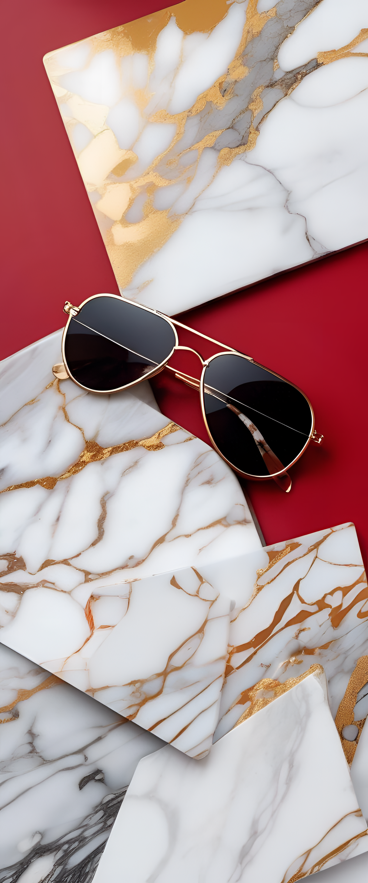 Marble and gold sunglasses on a vibrant red background.