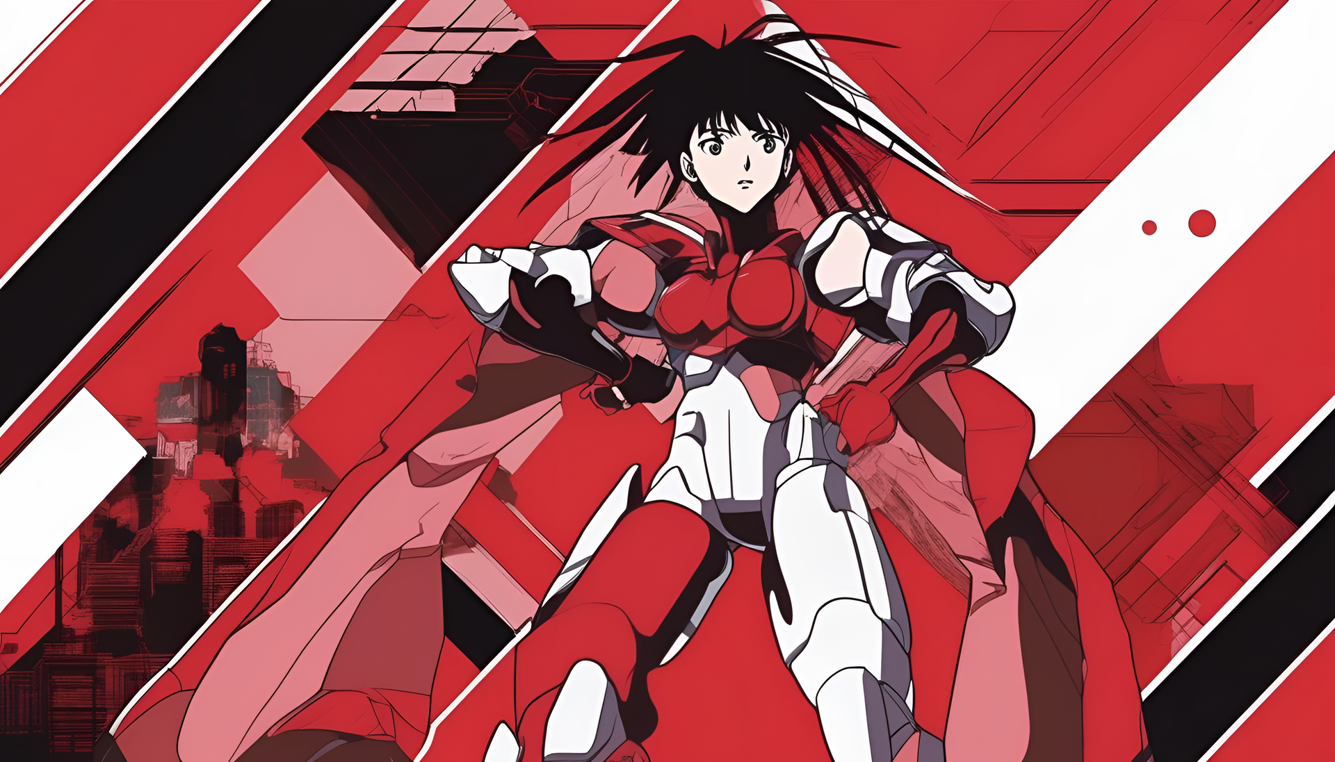 Vibrant red anime-inspired wallpaper with a 1990s aesthetic.