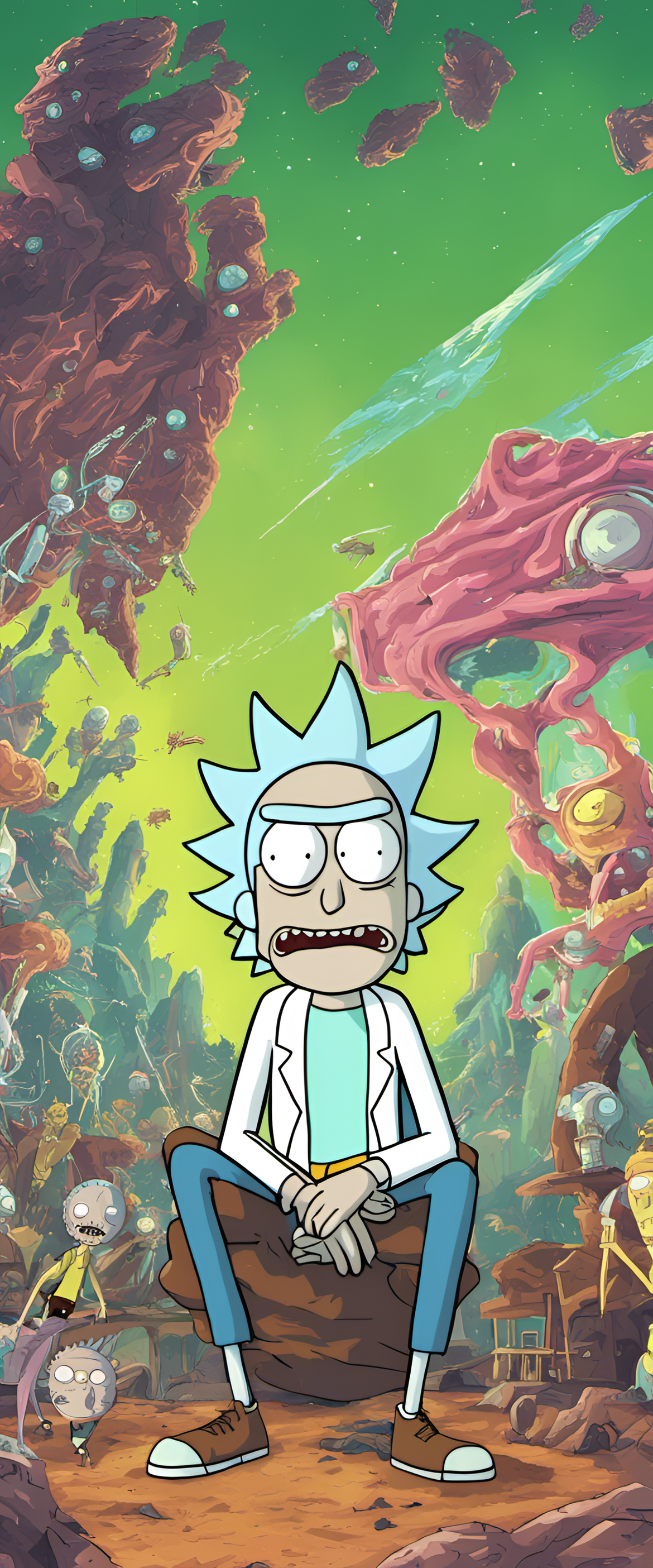 Vibrant artwork of Rick and Morty characters in a dynamic wallpaper.