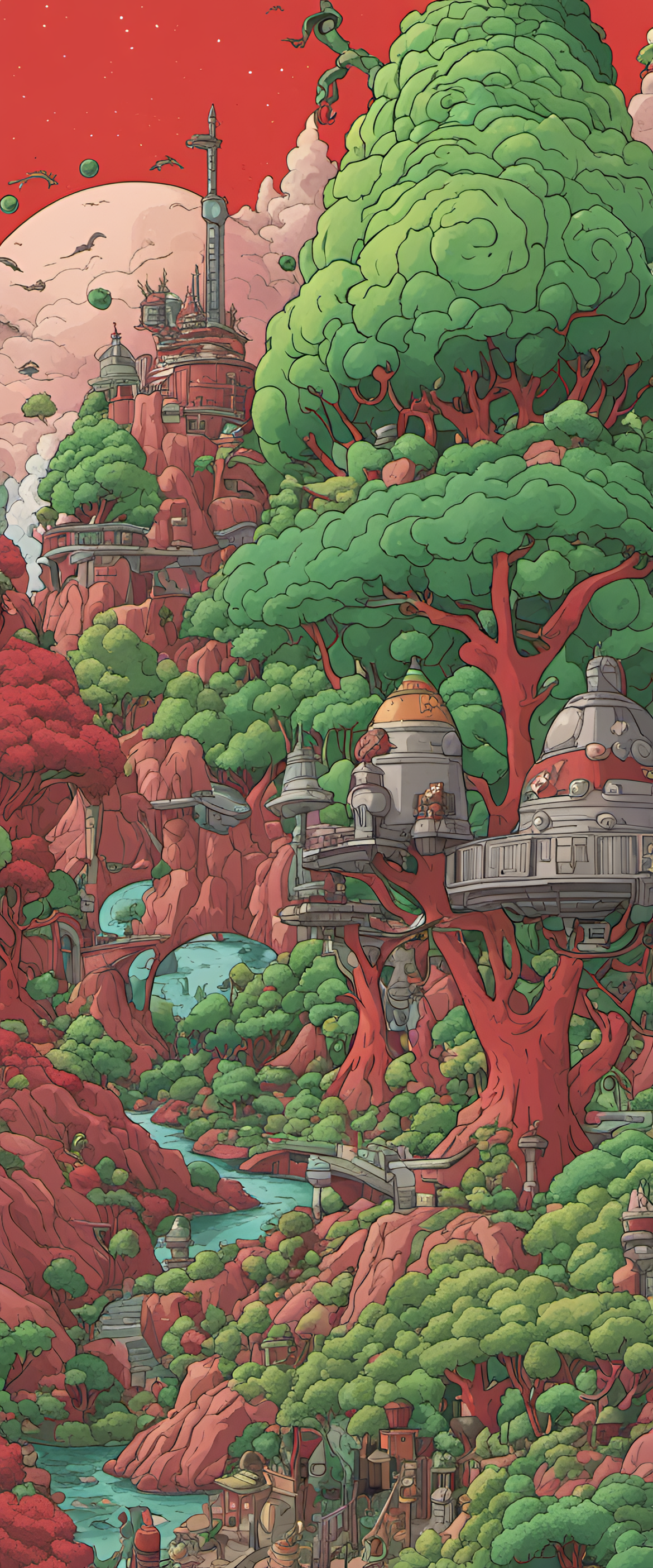 Vibrant red and green artwork of Rick and Morty characters in ultra-detailed style.