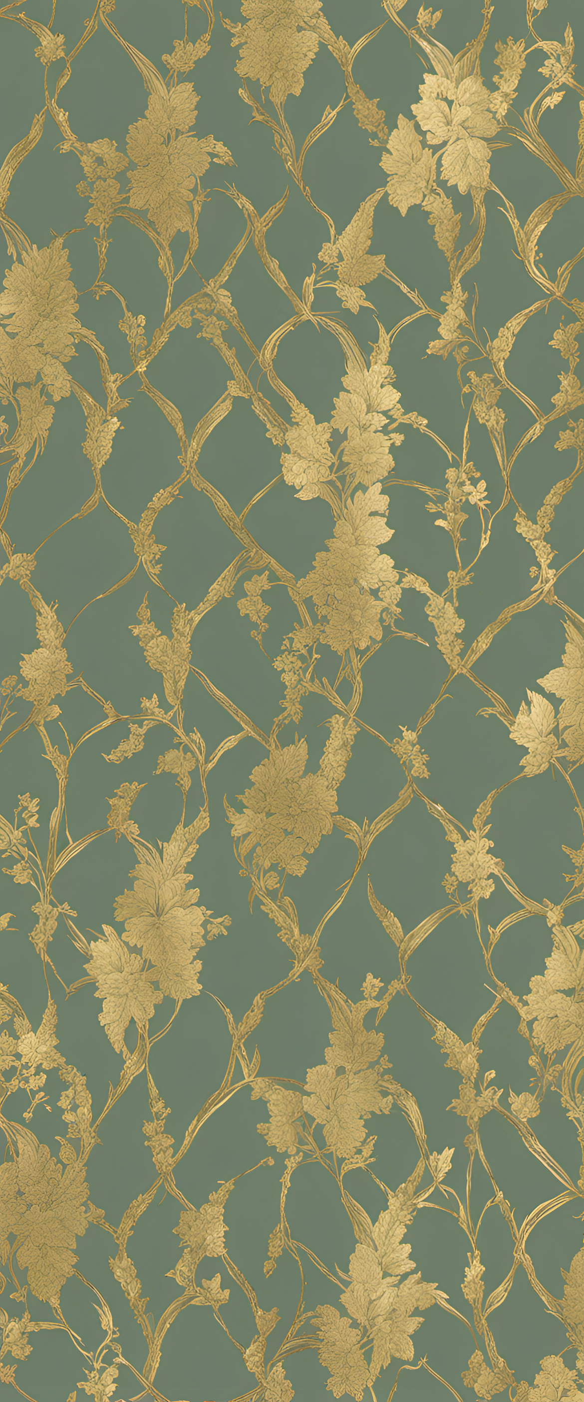 Sage green wallpaper with a golden sheen.