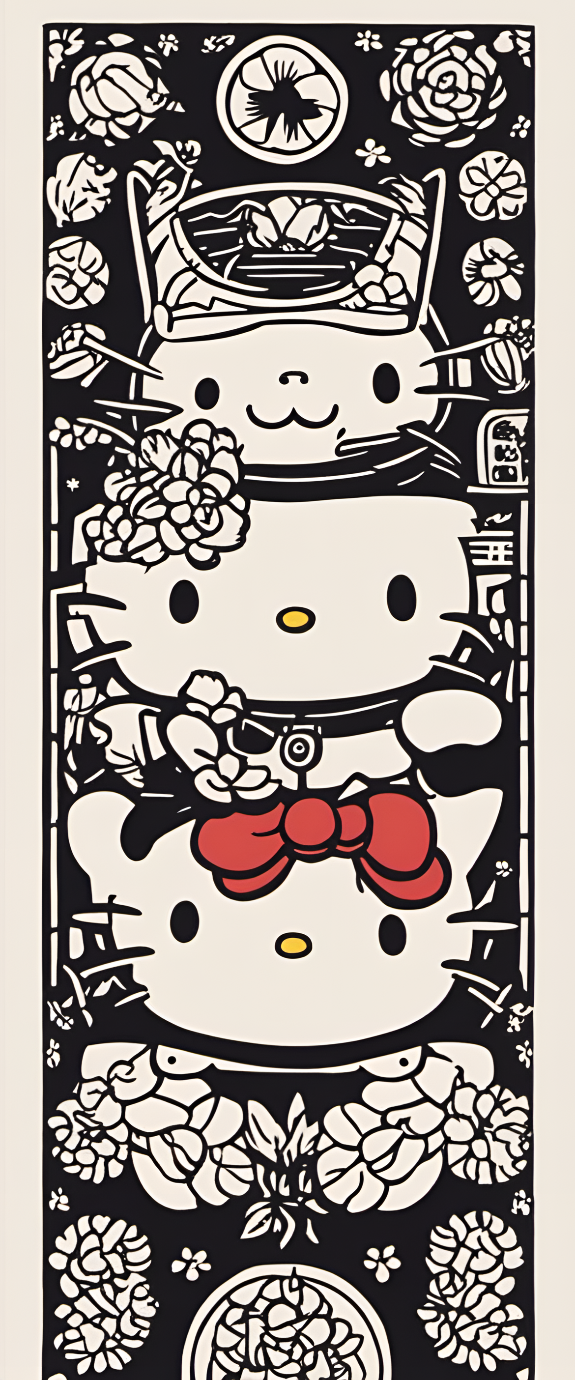 Sanrio character linocut print for phone wallpaper.