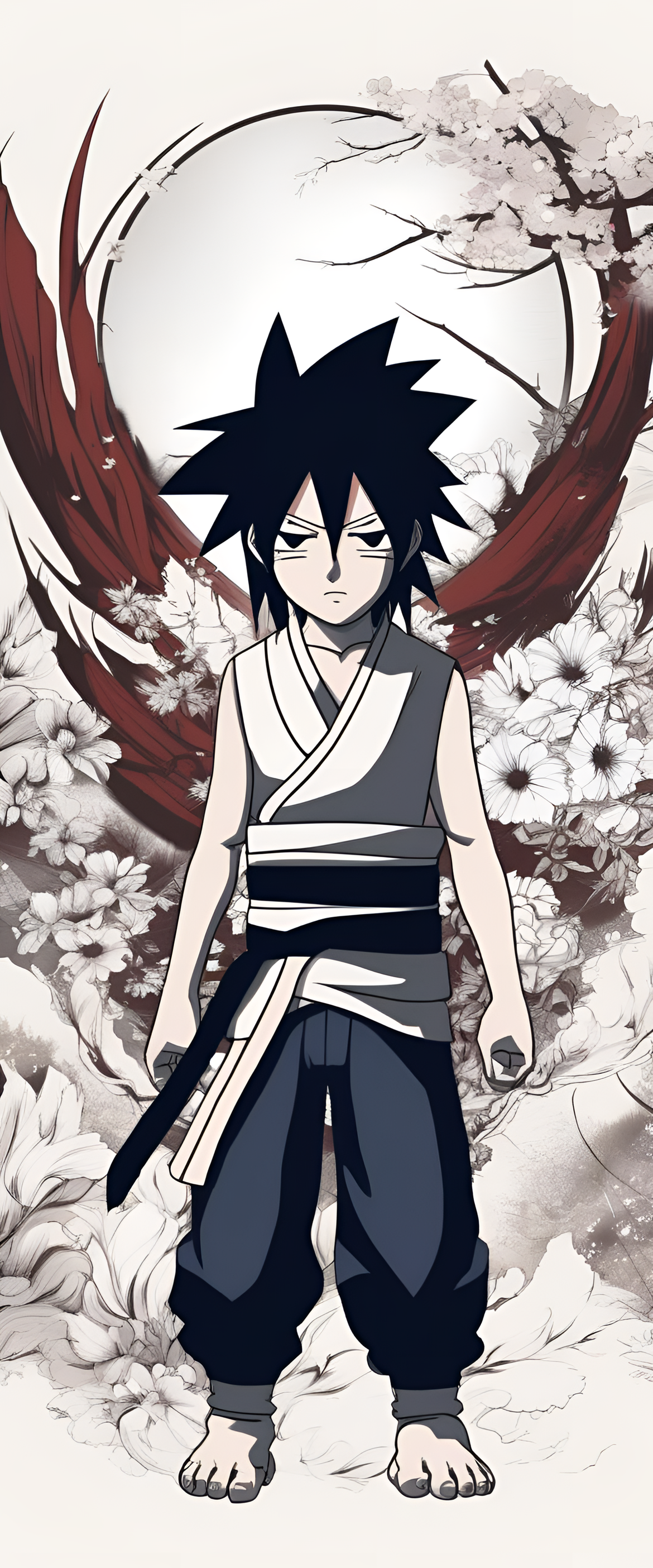 Sasuke Uchiha character portrait against a vibrant background on a phone wallpaper.