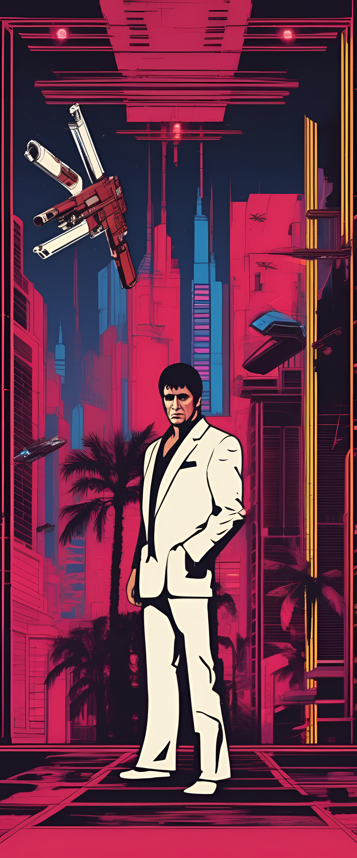 Scarface-inspired 80's sci-fi phone wallpaper.