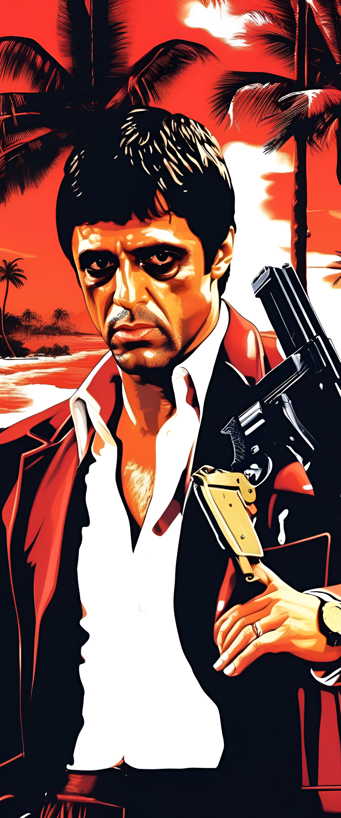 Tony Montana, surrounded by money and holding a cigar, exudes power and greed in this artistic Scarface wallpaper.