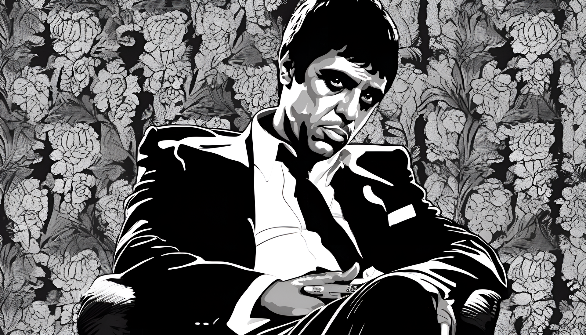 Scarface movie poster featuring Tony Montana with a fierce expression against a cityscape backdrop.