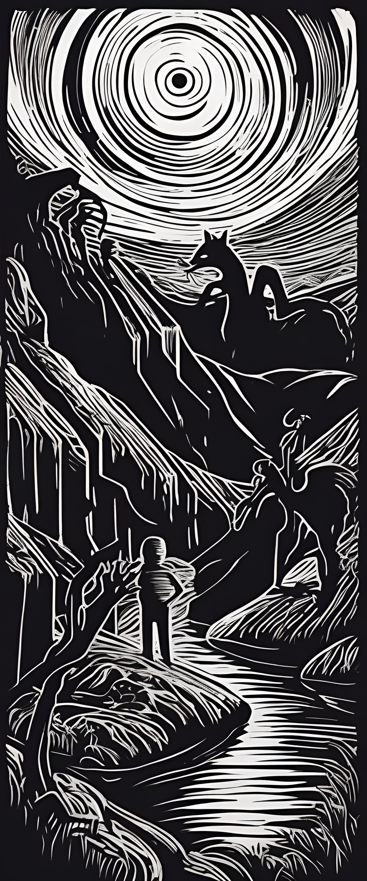 A linocut print showcasing a spooky and chilling scene.