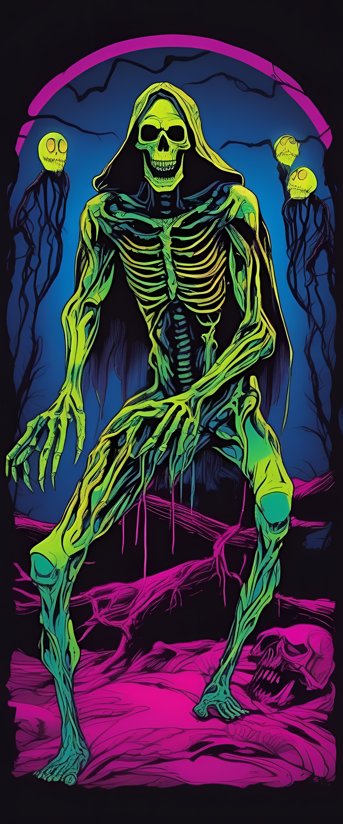 Phone wallpaper showing a spooky blacklight scene with eerie and chilling vibes.