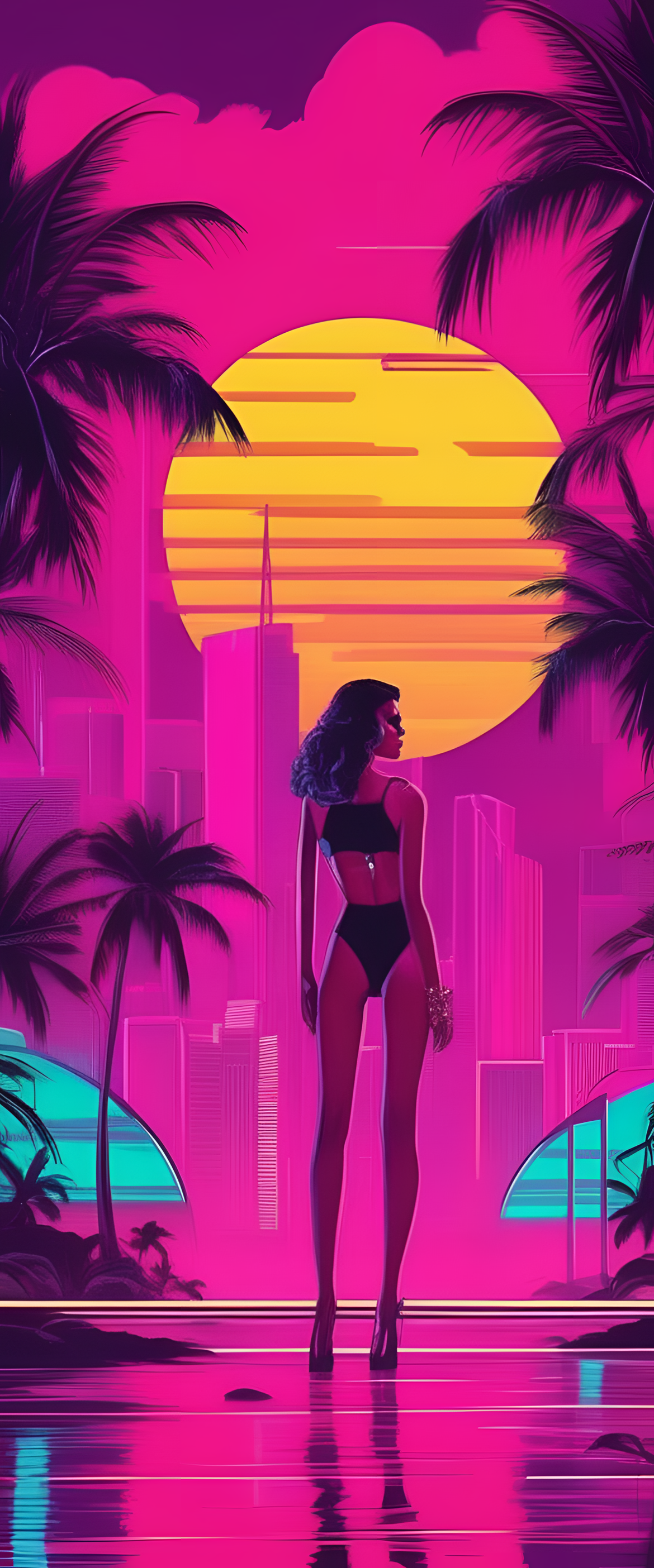 Glamorous 80s Miami-style cityscape at night with a scary vibe.