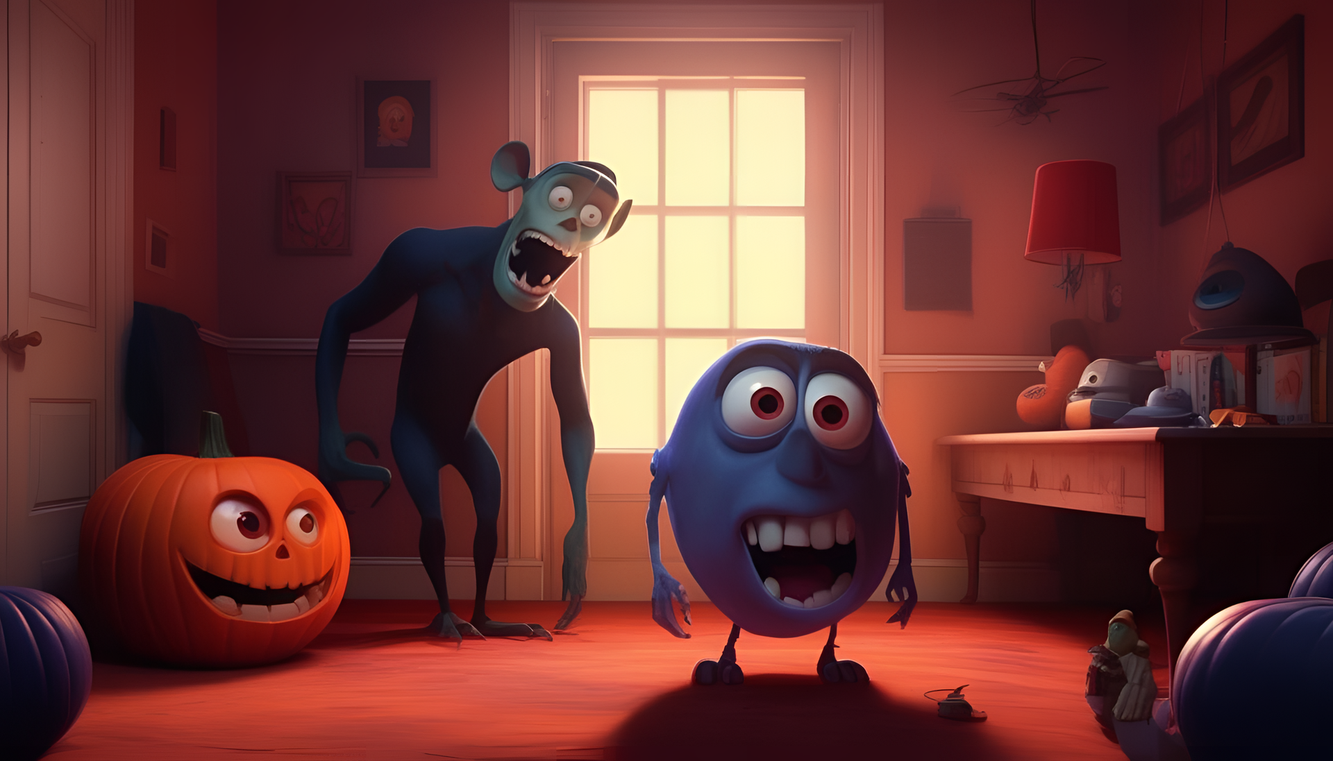 A spooky Pixar-style wallpaper with a haunting theme.