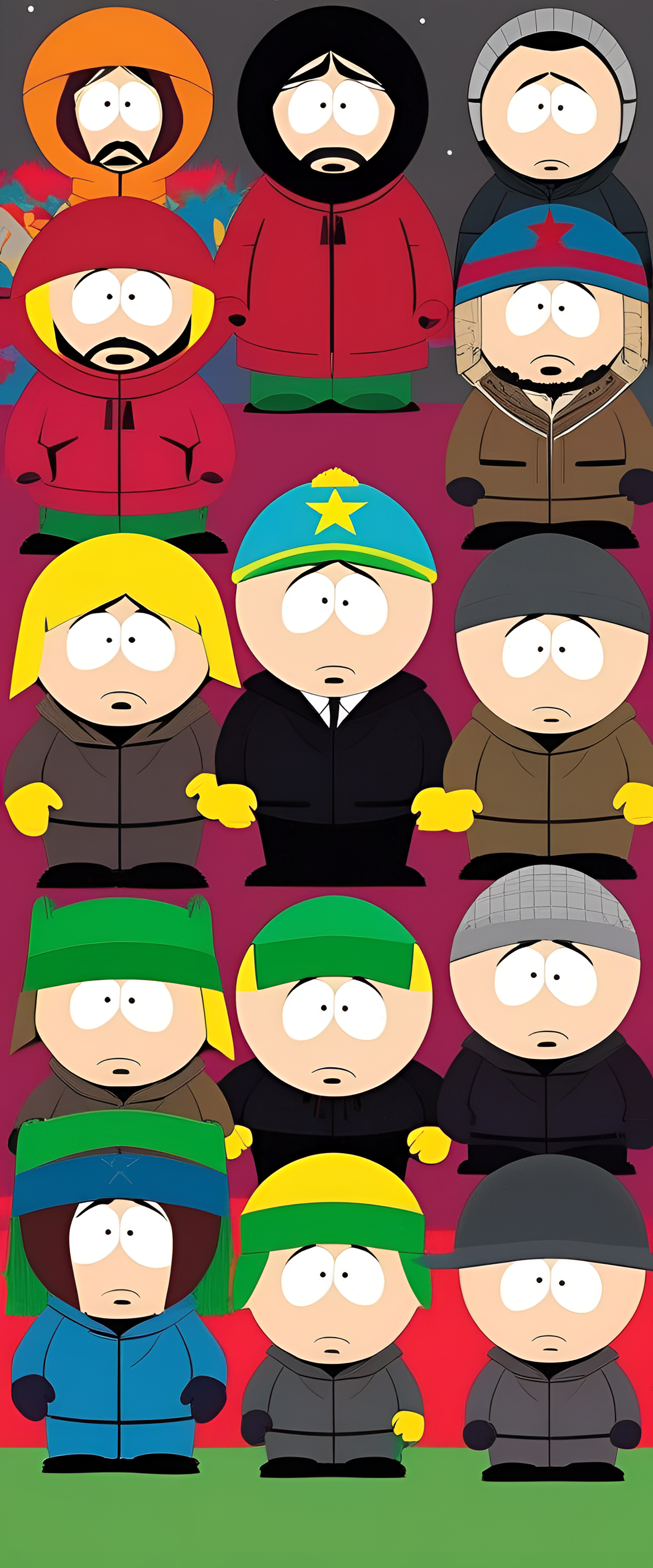 Colorful artwork featuring characters from South Park on a phone wallpaper.