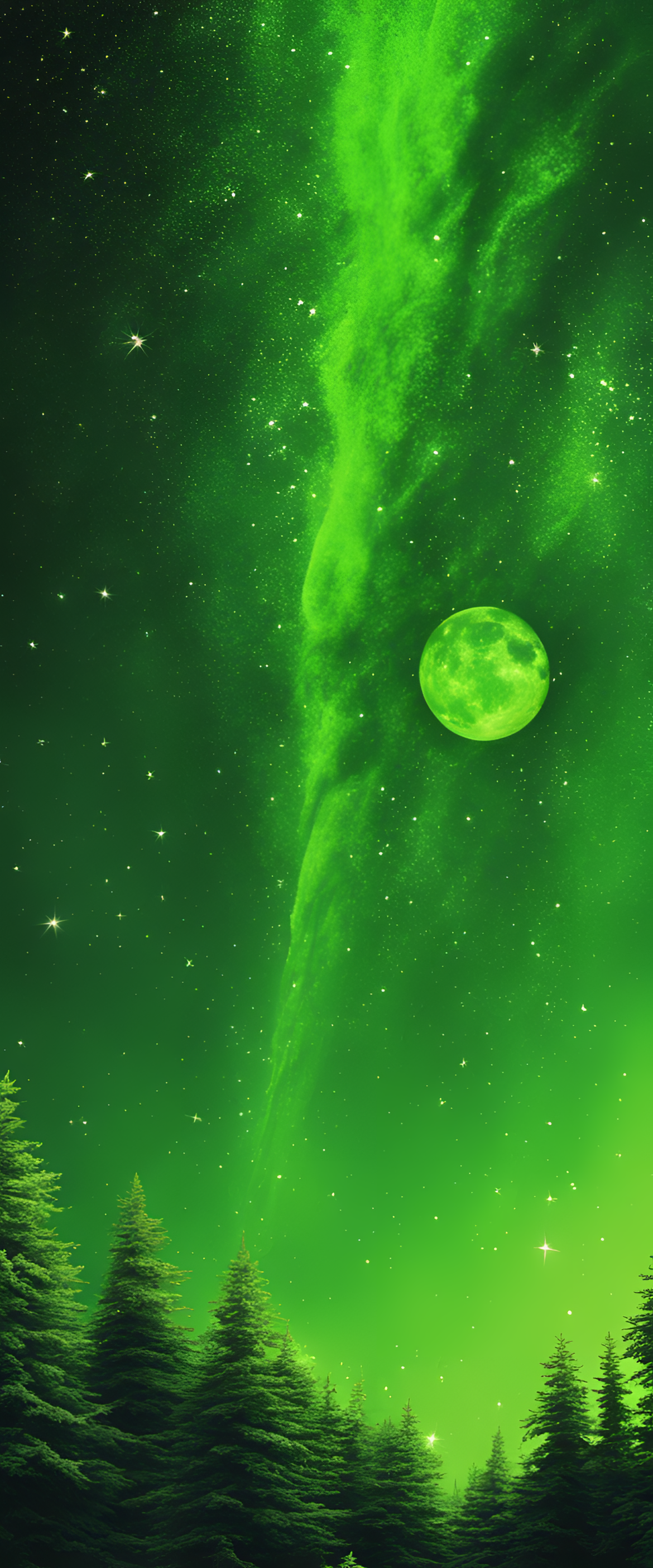 Acid green space-themed wallpaper background.