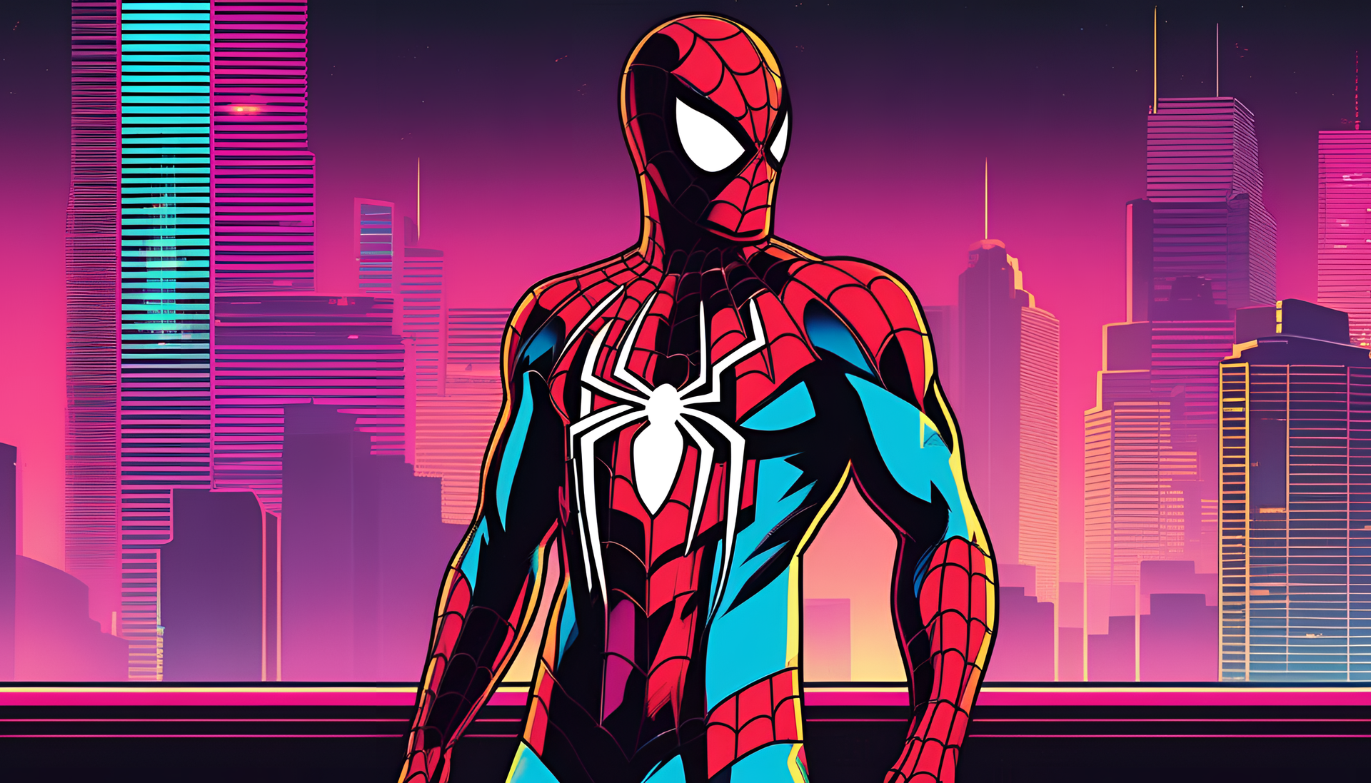 Glamorous Spider-Man in a retro Miami-style sunset scene.