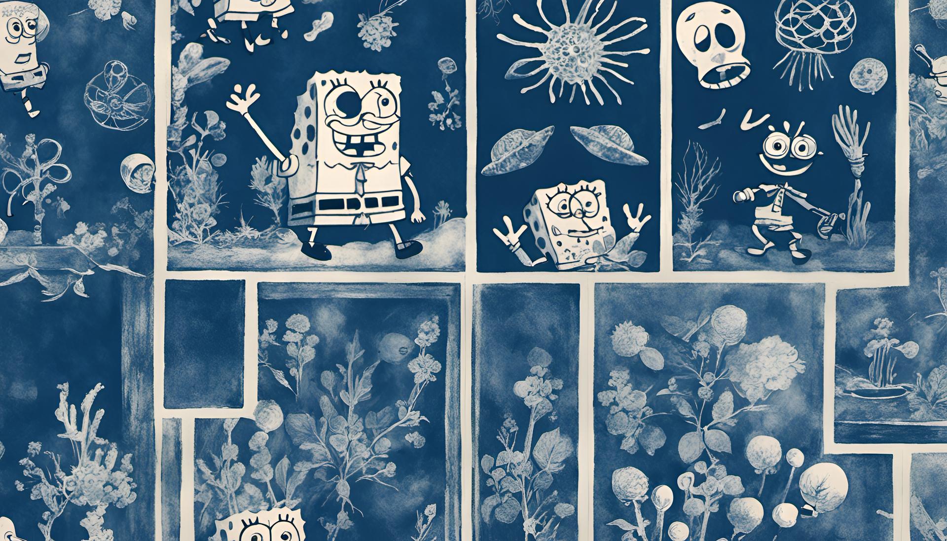 Cyanotype Spongebob desktop wallpaper.