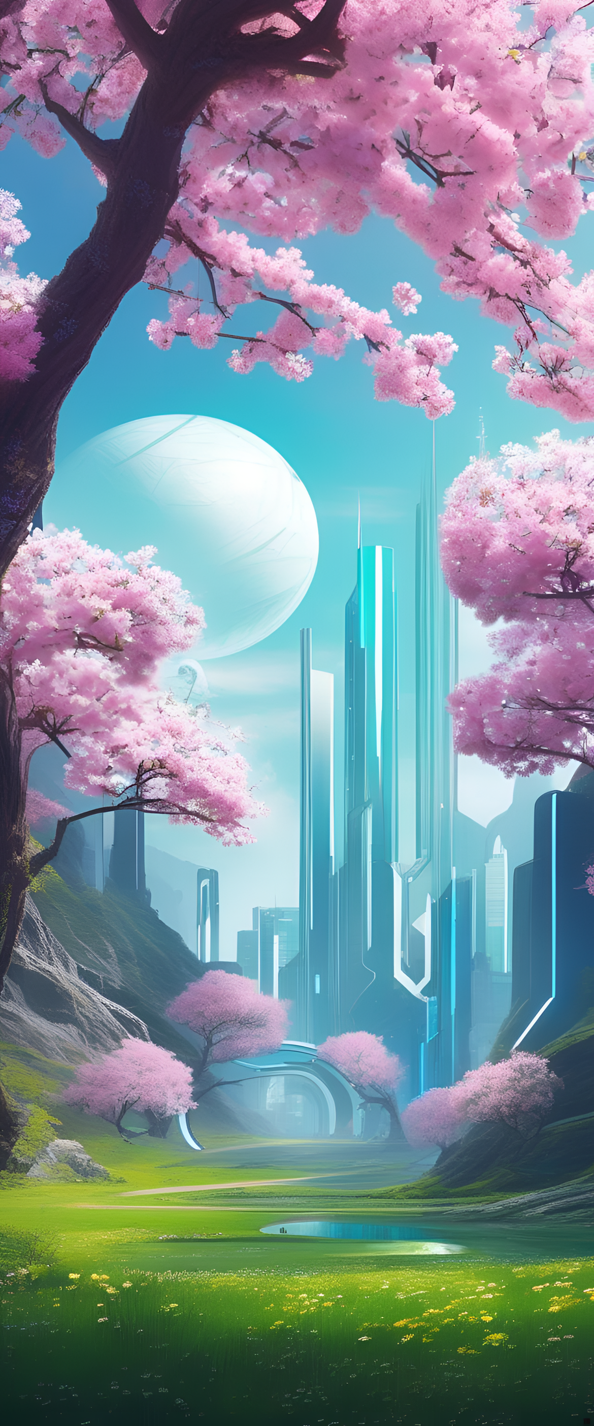 Futuristic spring landscape with vibrant colors and blossoming flowers.