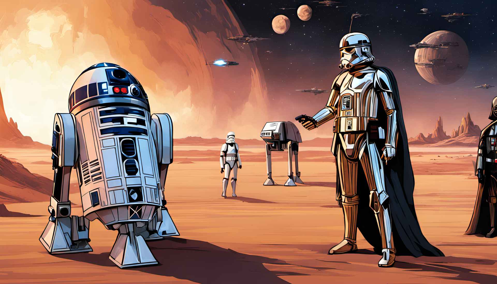 Star Wars wallpaper featuring iconic characters and starships in a galactic battle.