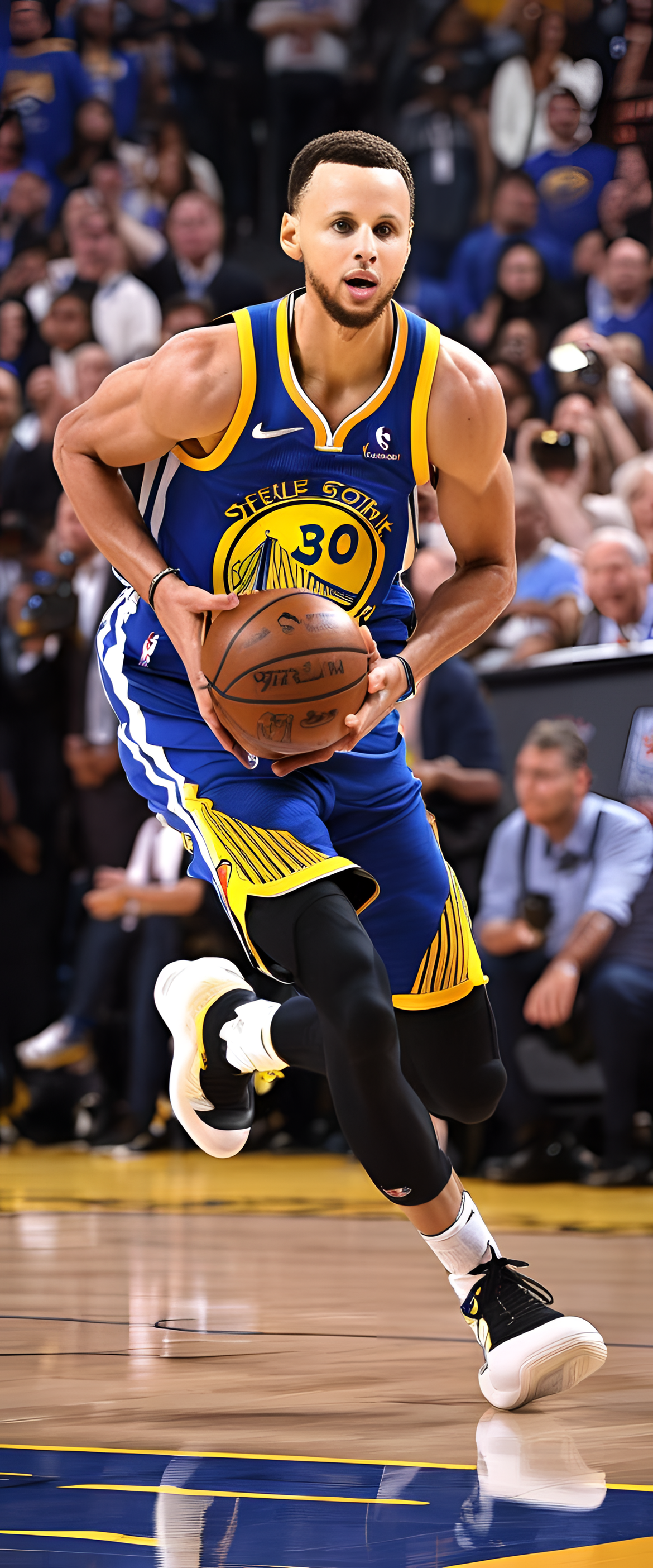 Stephen Curry dribbling a basketball, focused and ready for the game.