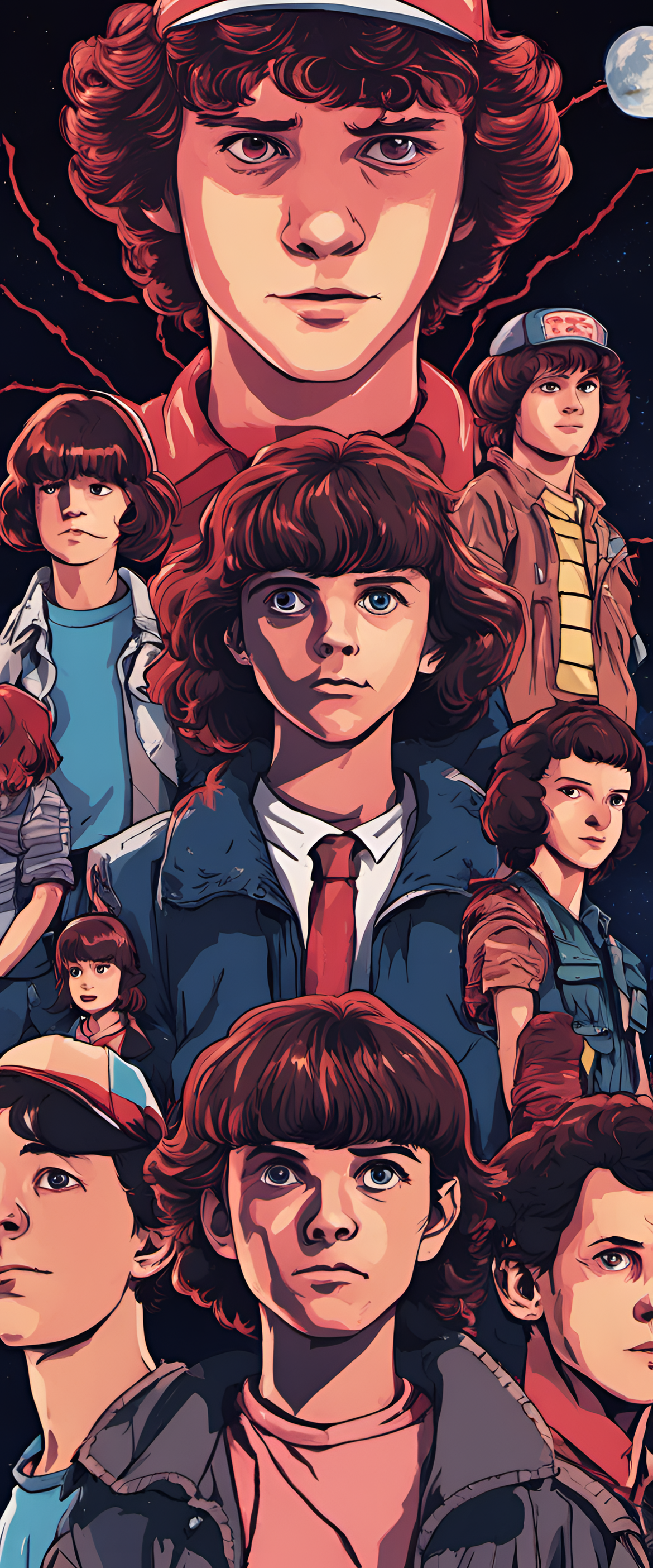 Anime-inspired Stranger Things wallpaper featuring 1990s aesthetic.