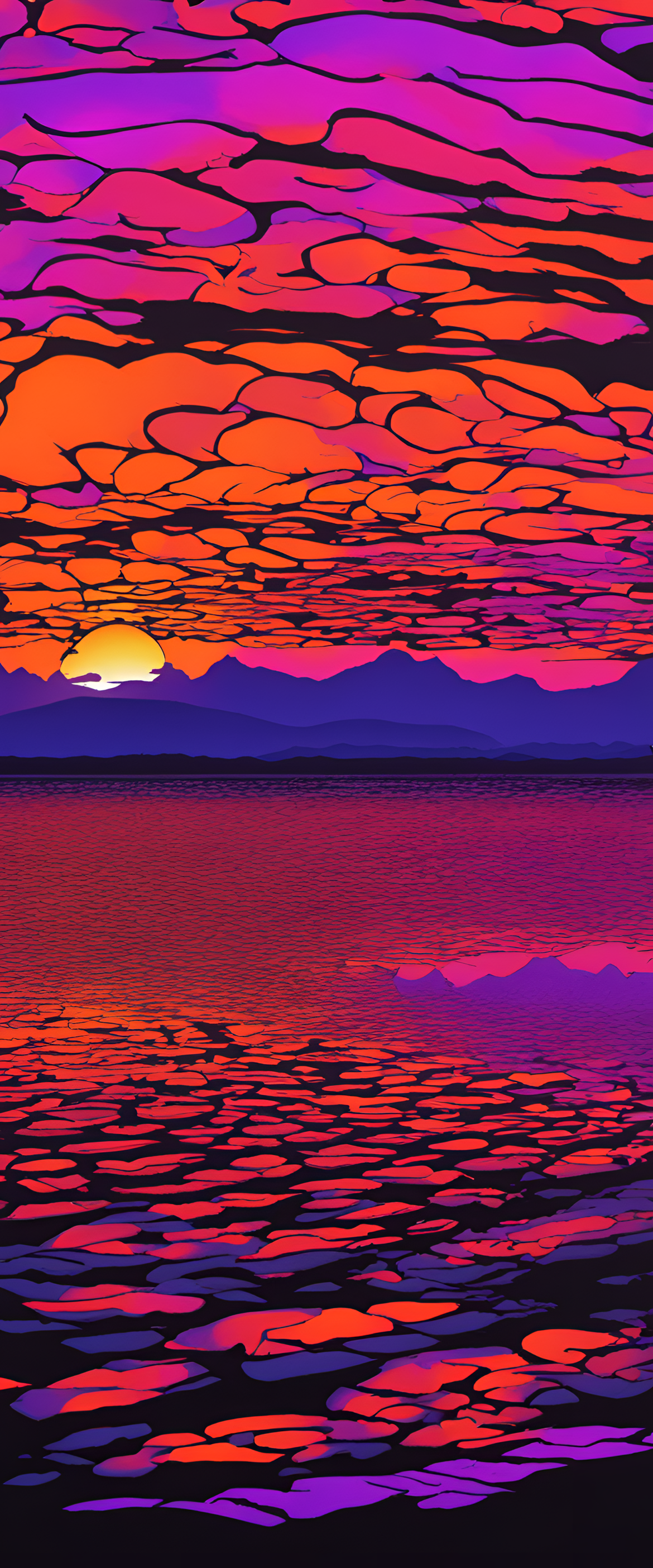 Vibrant purple and orange hues of a stunning sunset over a tranquil landscape.