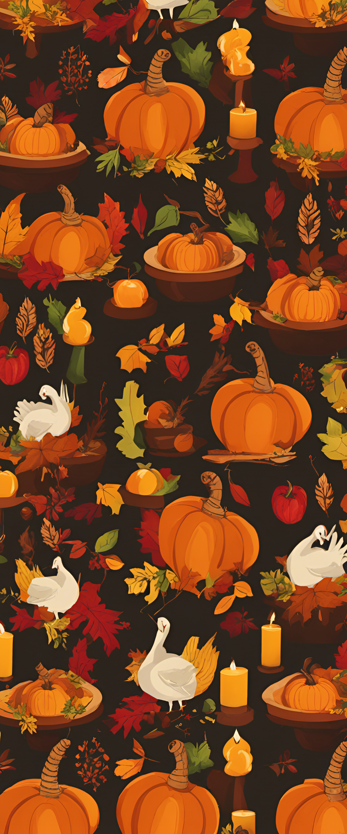 Colorful Thanksgiving wallpaper with autumn leaves and pumpkins.