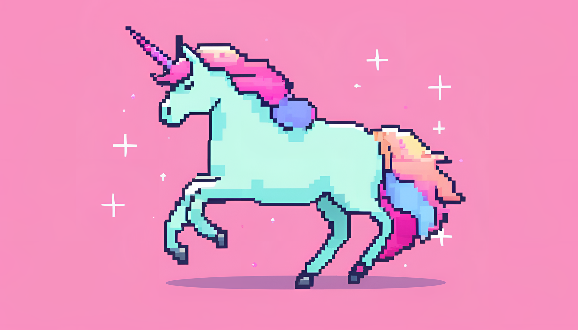 Vibrant pastel 8-bit unicorn against a colorful background.