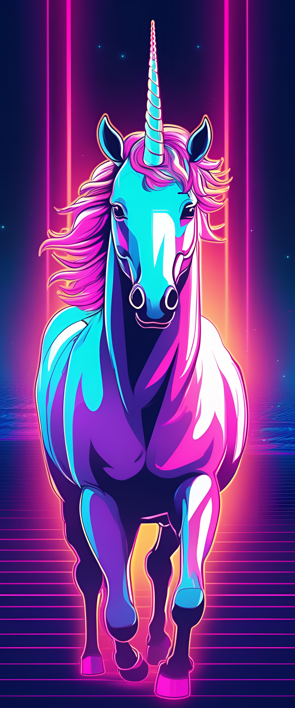 Retrowave unicorn in technicolor landscape