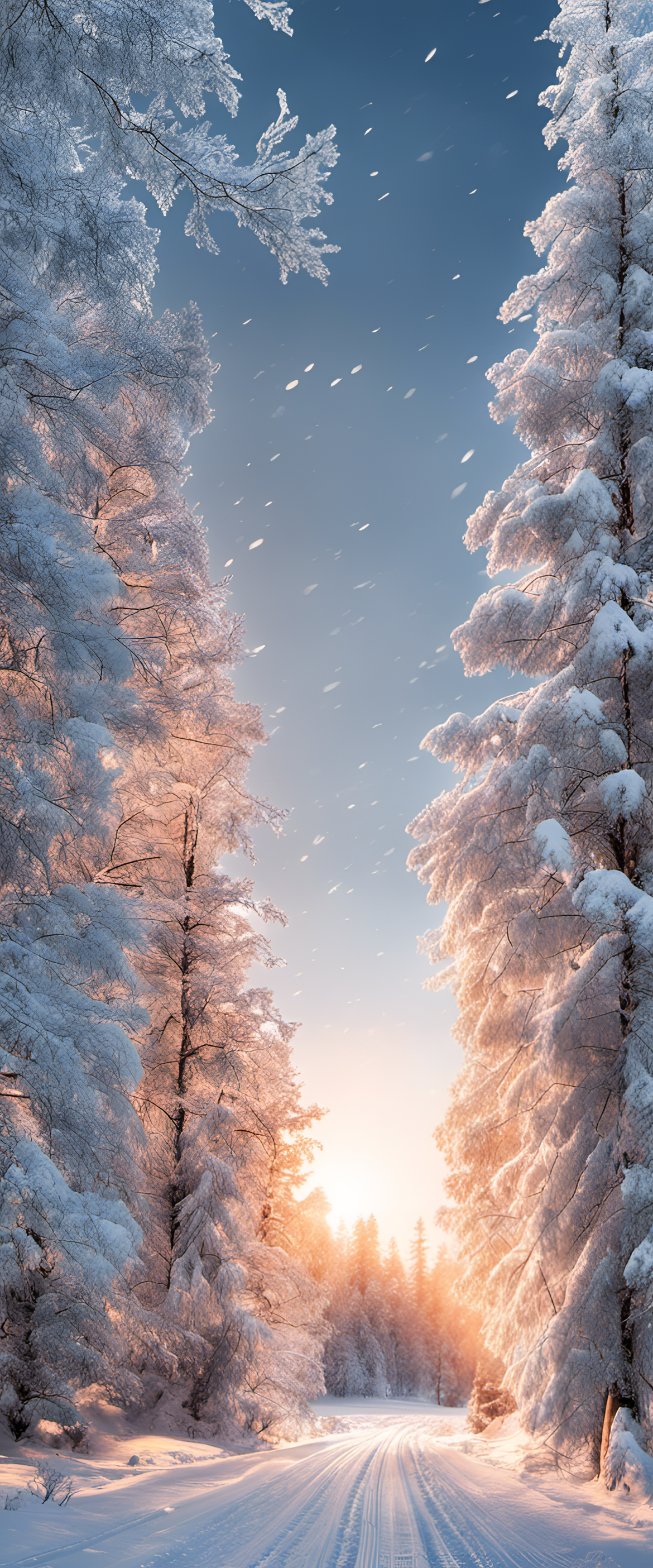 Winter Wonderland wallpaper featuring snowy trees and a serene mountain landscape.