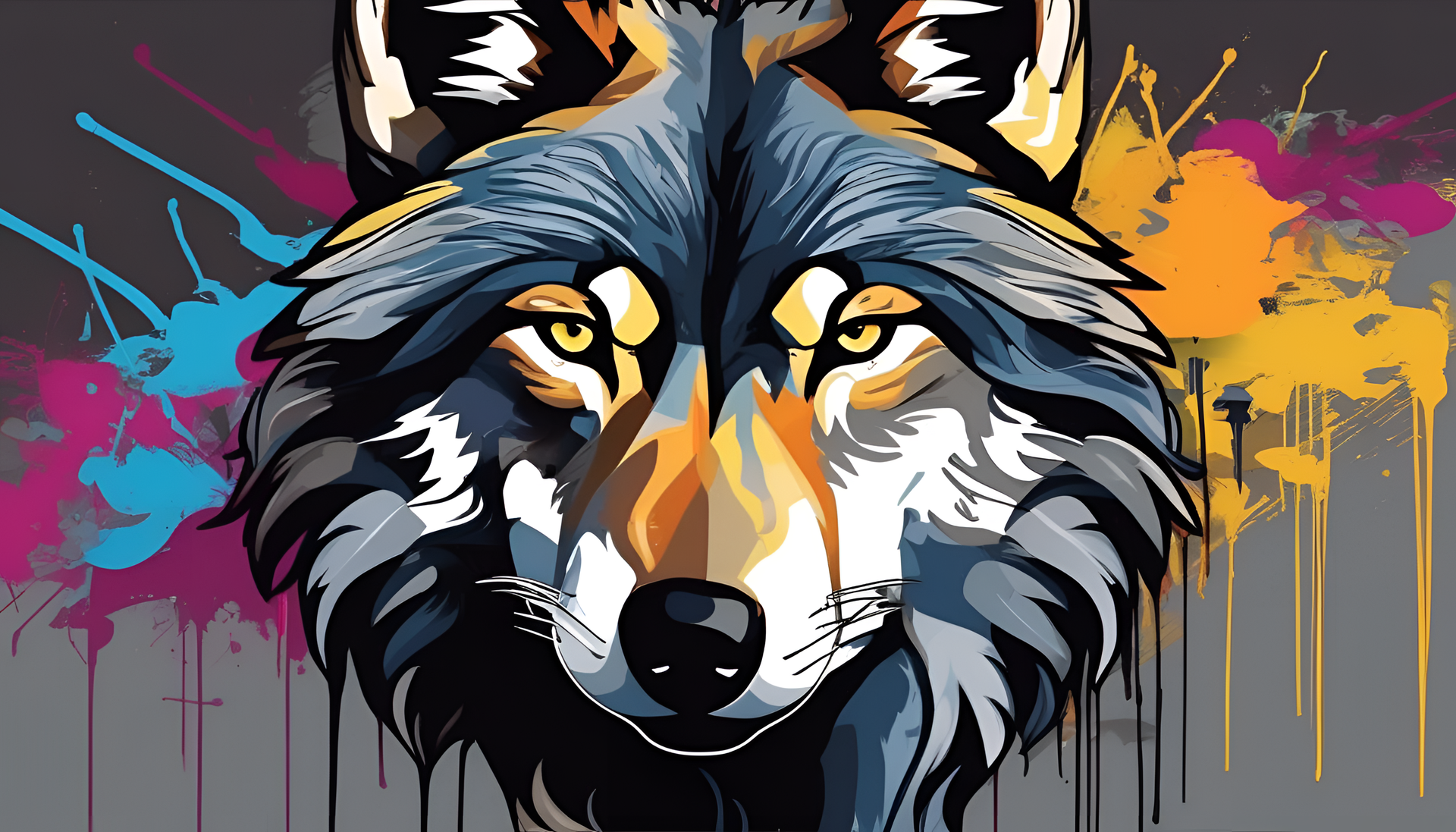 Graffiti wolf in vibrant colors against a textured background.