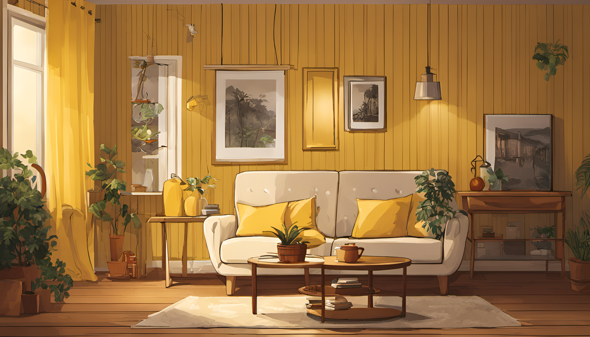 Vibrant yellow evening scene with a cozy atmosphere.