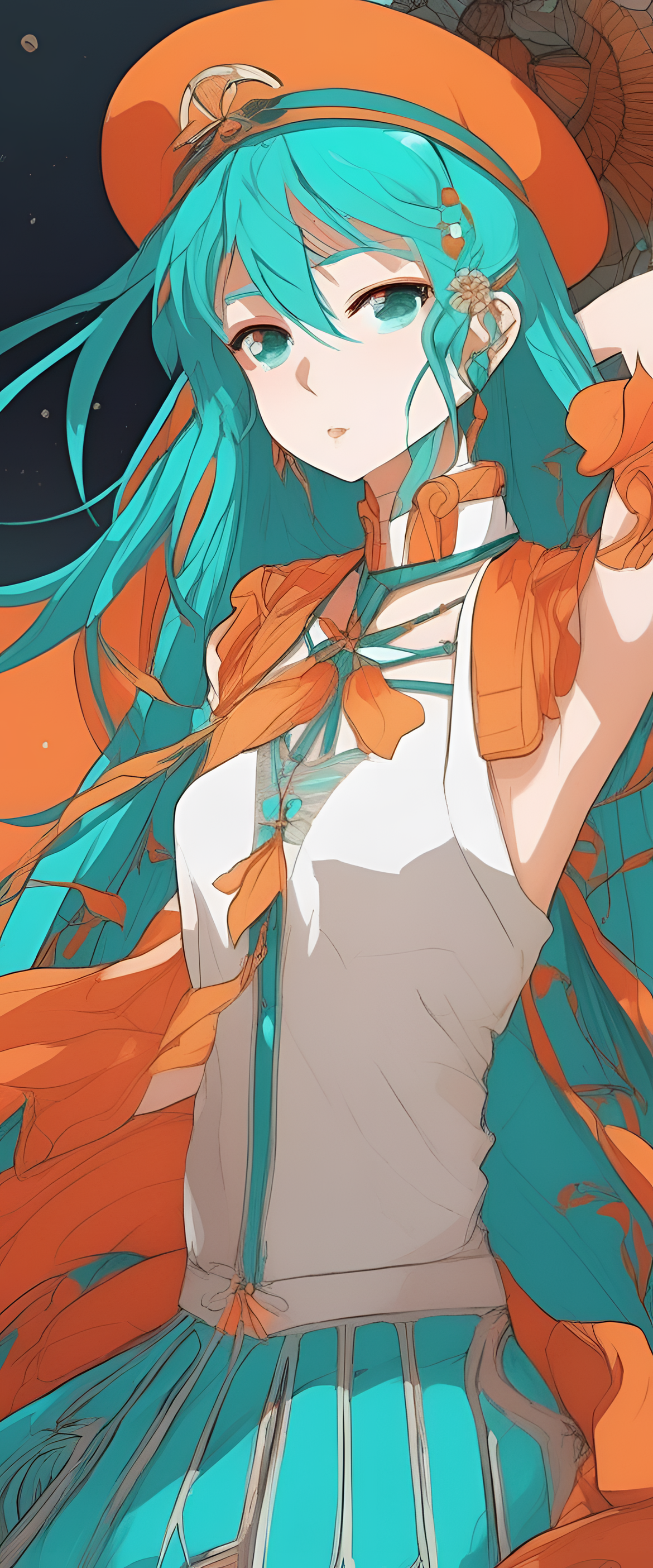 Turquoise and orange anime wallpaper with a dynamic and vibrant design.