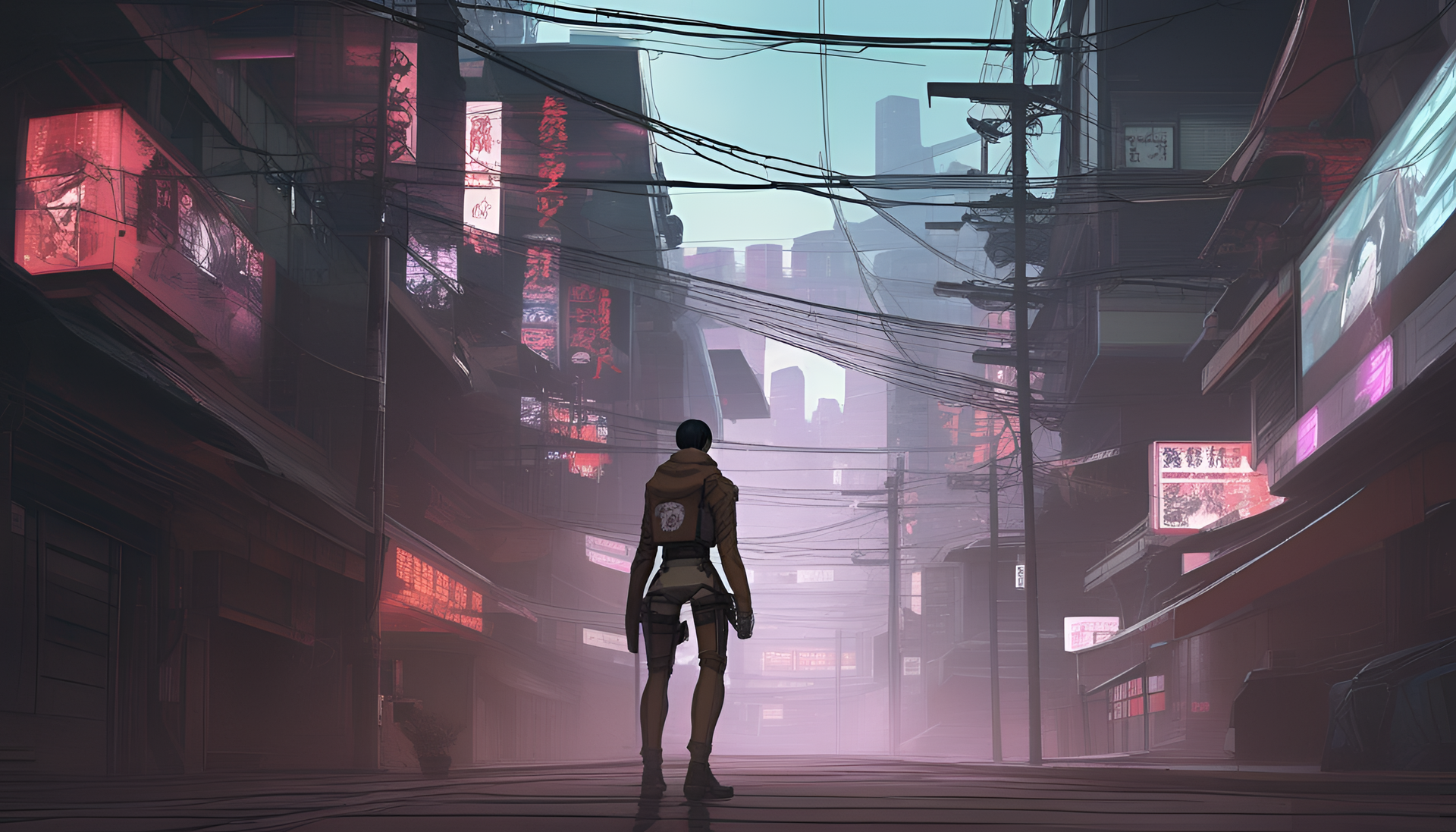 Cyberpunk scene featuring characters from Attack on Titan in HD wallpaper.