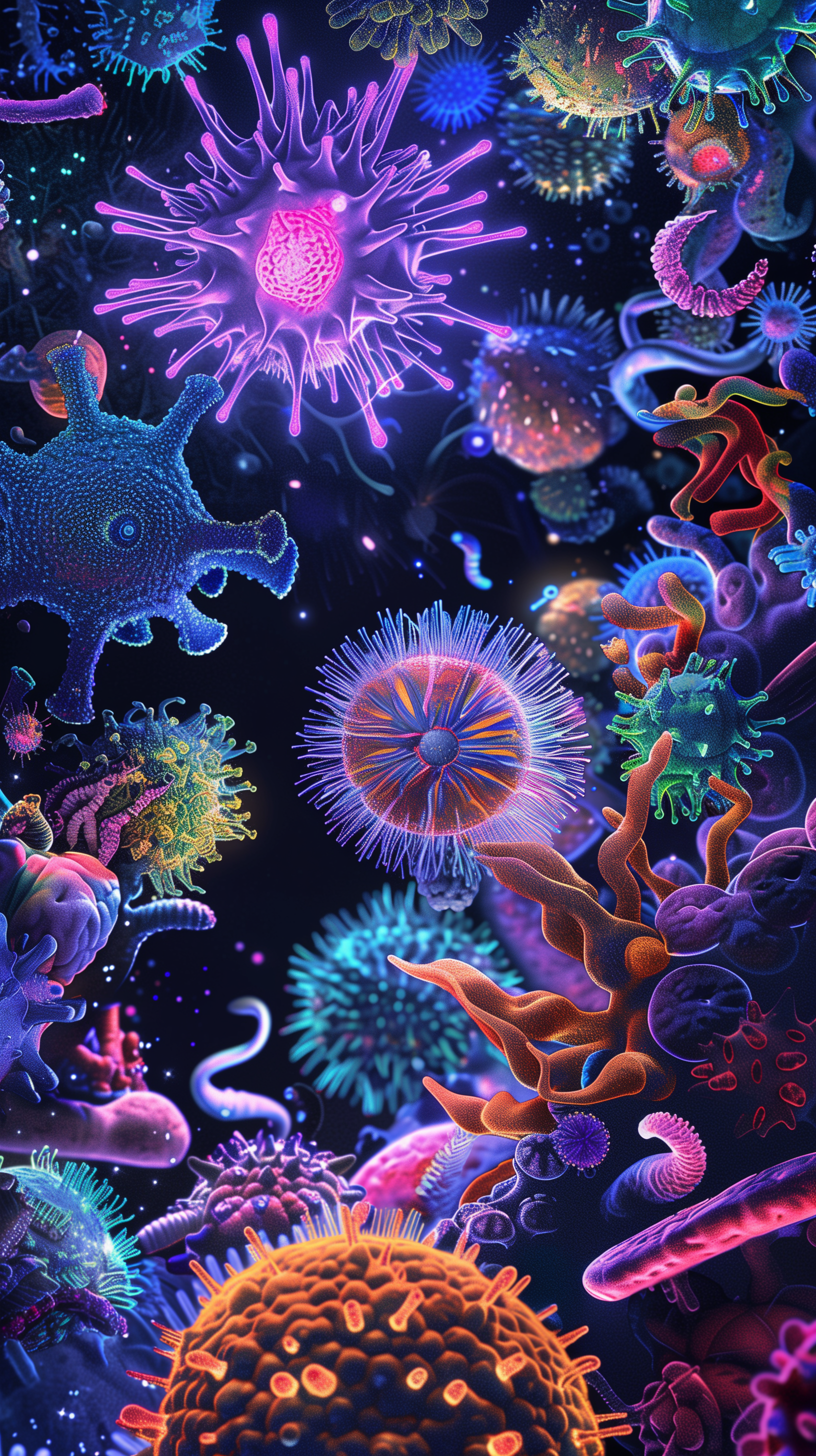 A vibrant, colorful illustration of various bacteria and microorganisms, showcasing intricate details and patterns against a dark background, designed as a phone wallpaper.