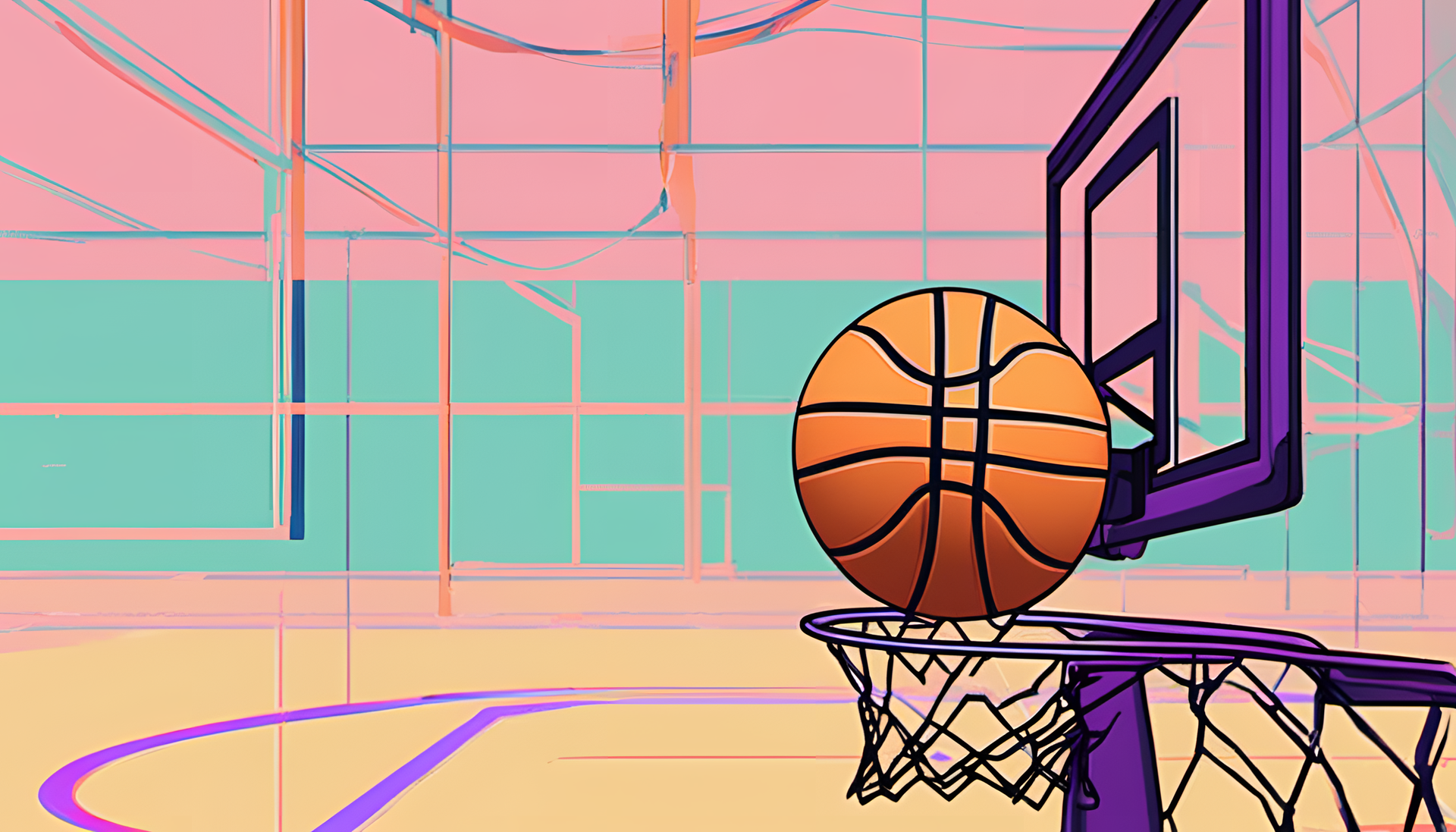 Abstract basketball artwork on a vibrant pastel background.