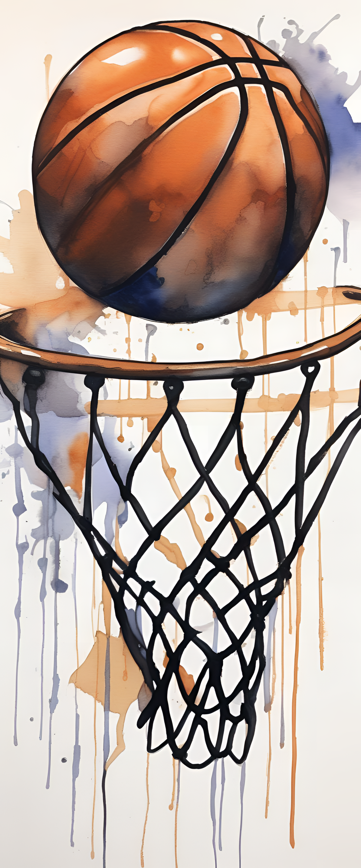 Colorful basketball artwork featuring watercolor textures and outlined with ink pen strokes.