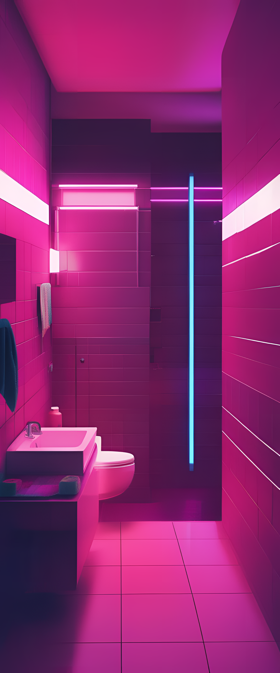 Retrowave-inspired bathroom featuring vibrant colors, neon lights, and a futuristic design.