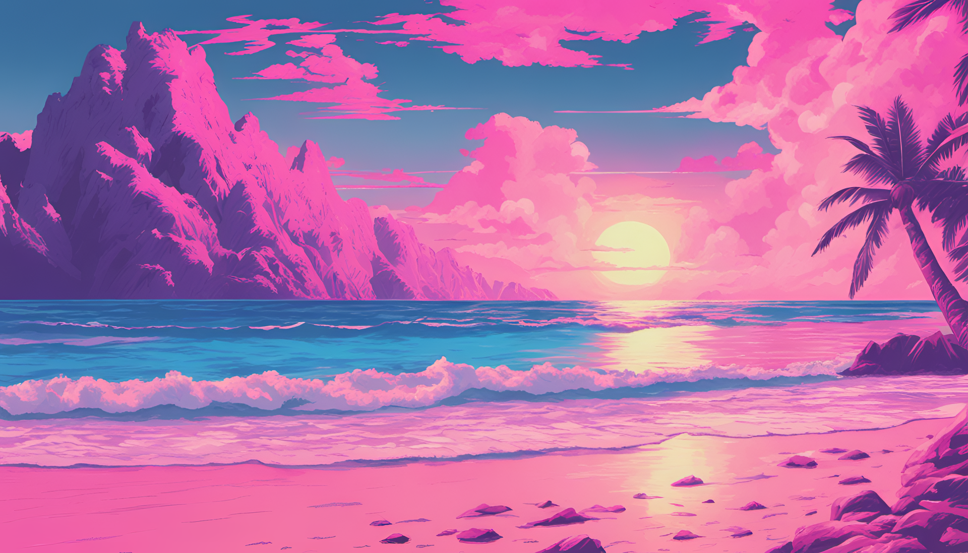 Vibrant beach scene with a mesmerizing blend of retro and futuristic elements.